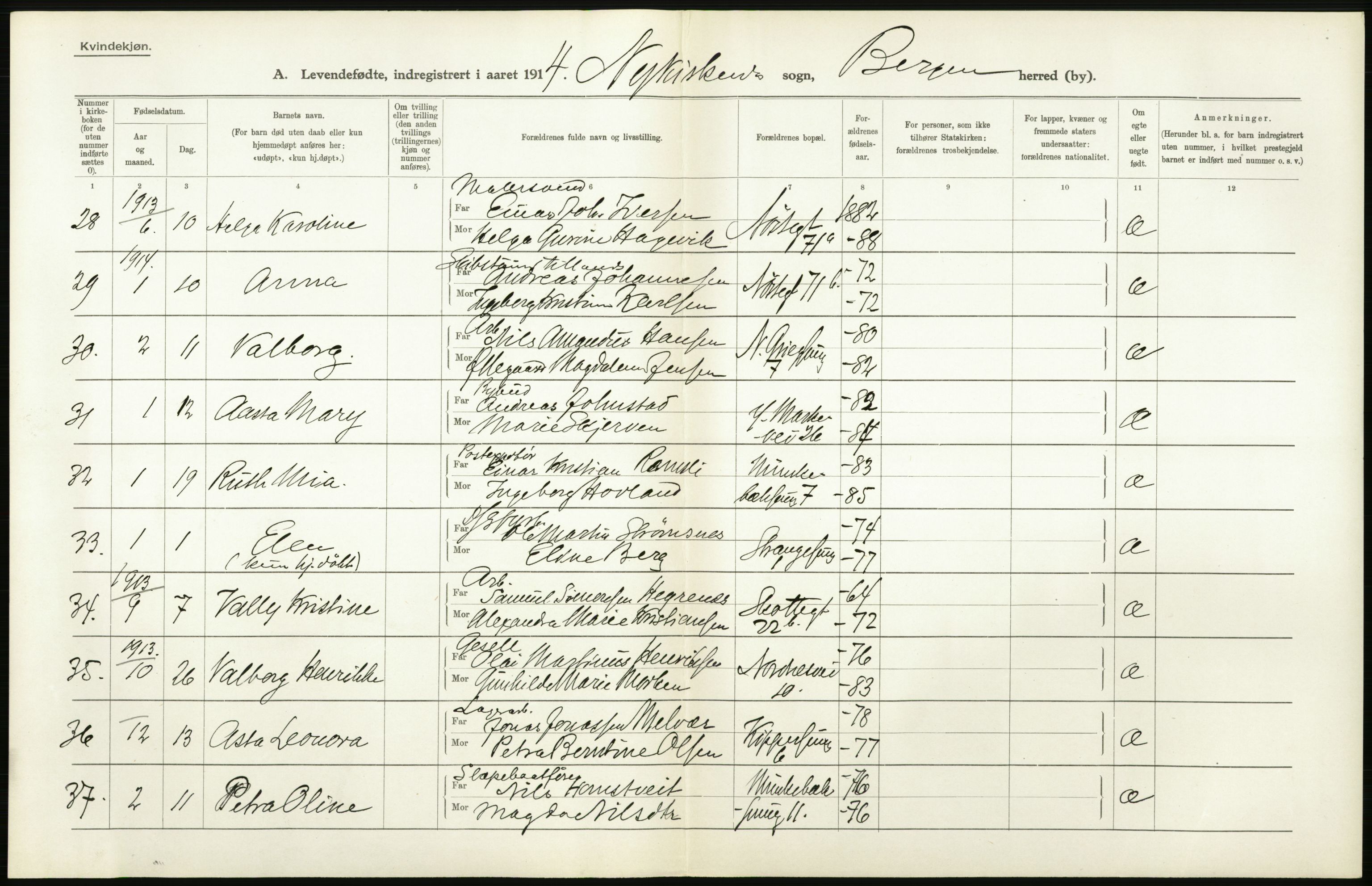 Statistisk sentralbyrå, Sosiodemografiske emner, Befolkning, AV/RA-S-2228/D/Df/Dfb/Dfbd/L0030: Bergen: Levendefødte menn og kvinner., 1914, s. 44