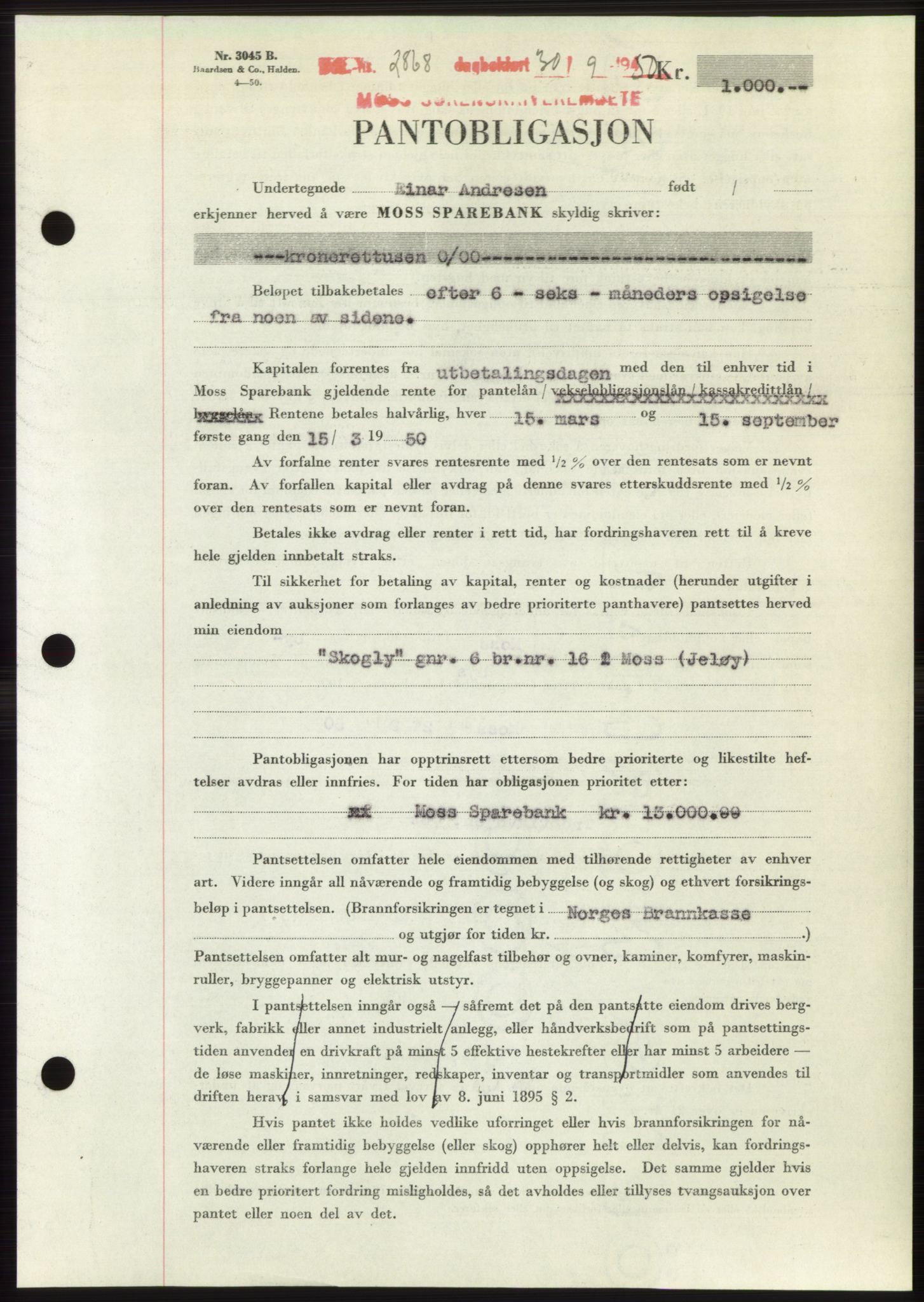 Moss sorenskriveri, SAO/A-10168: Pantebok nr. B25, 1950-1950, Dagboknr: 2868/1950