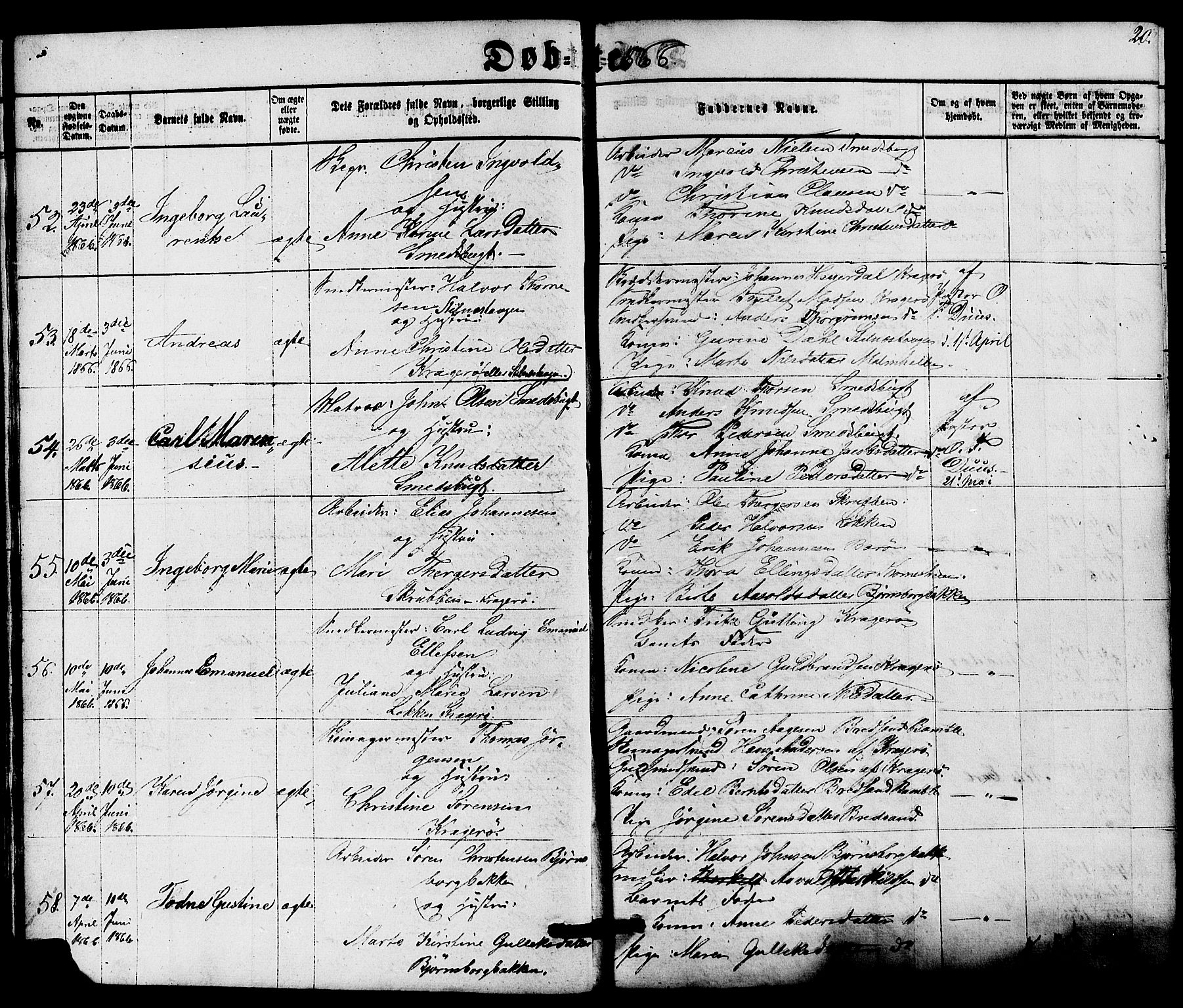 Kragerø kirkebøker, AV/SAKO-A-278/G/Ga/L0005: Klokkerbok nr. 5, 1865-1881, s. 20