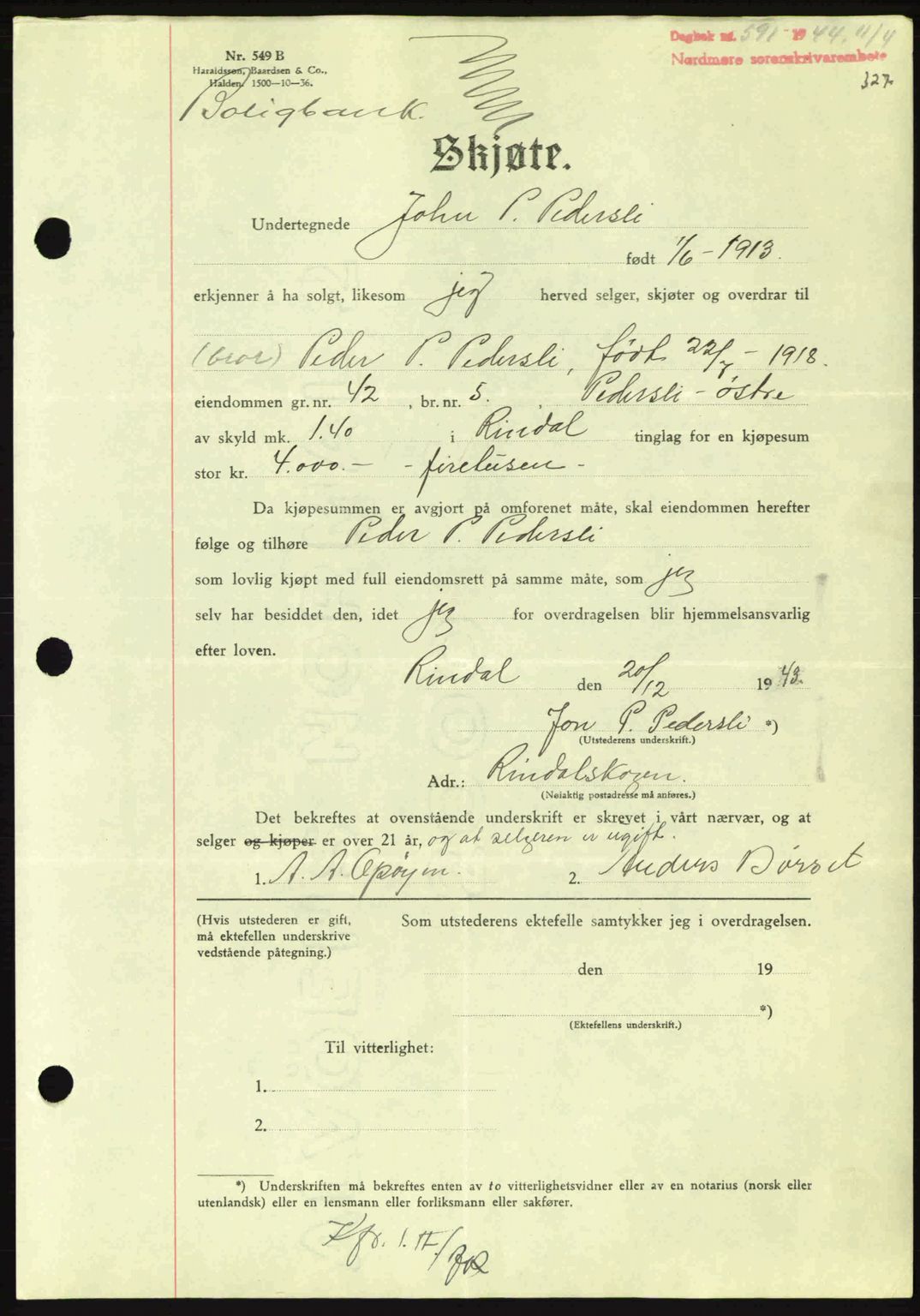 Nordmøre sorenskriveri, AV/SAT-A-4132/1/2/2Ca: Pantebok nr. A97, 1944-1944, Dagboknr: 591/1944