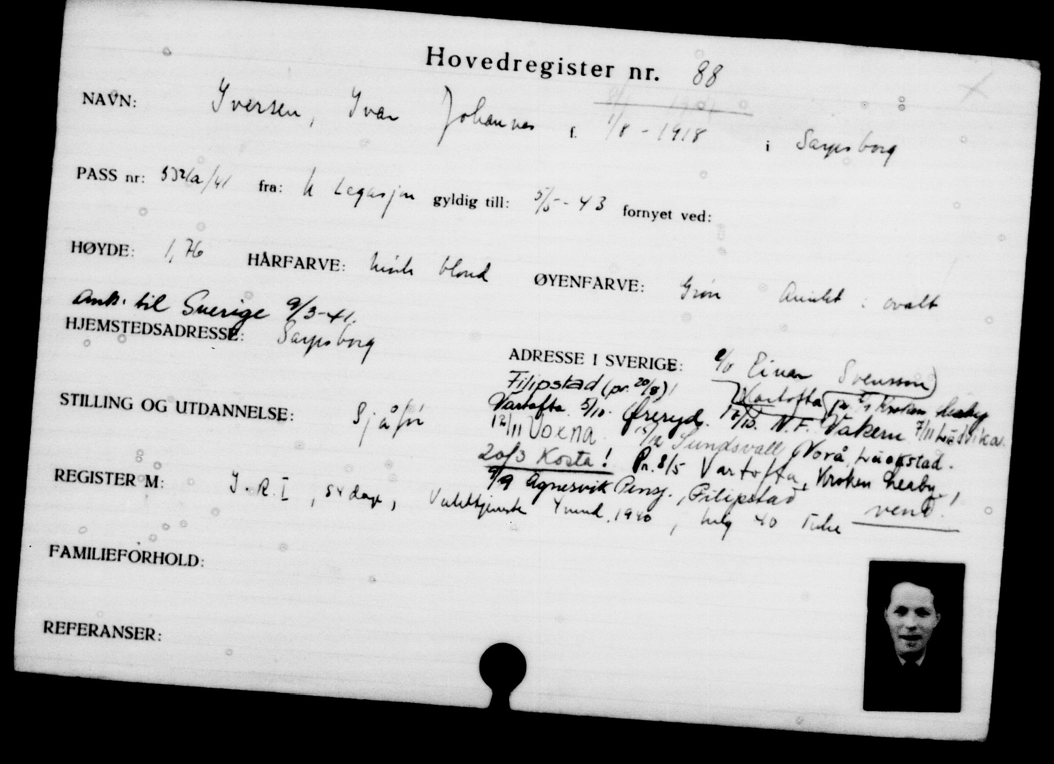 Utenriksstasjonene, Legasjonen i Stockholm, Flyktningkontoret, AV/RA-S-6753/V/Va/L0001: Kjesäterkartoteket, flyktninger med registreringsnr. 1-1000, 1940-1945, s. 152