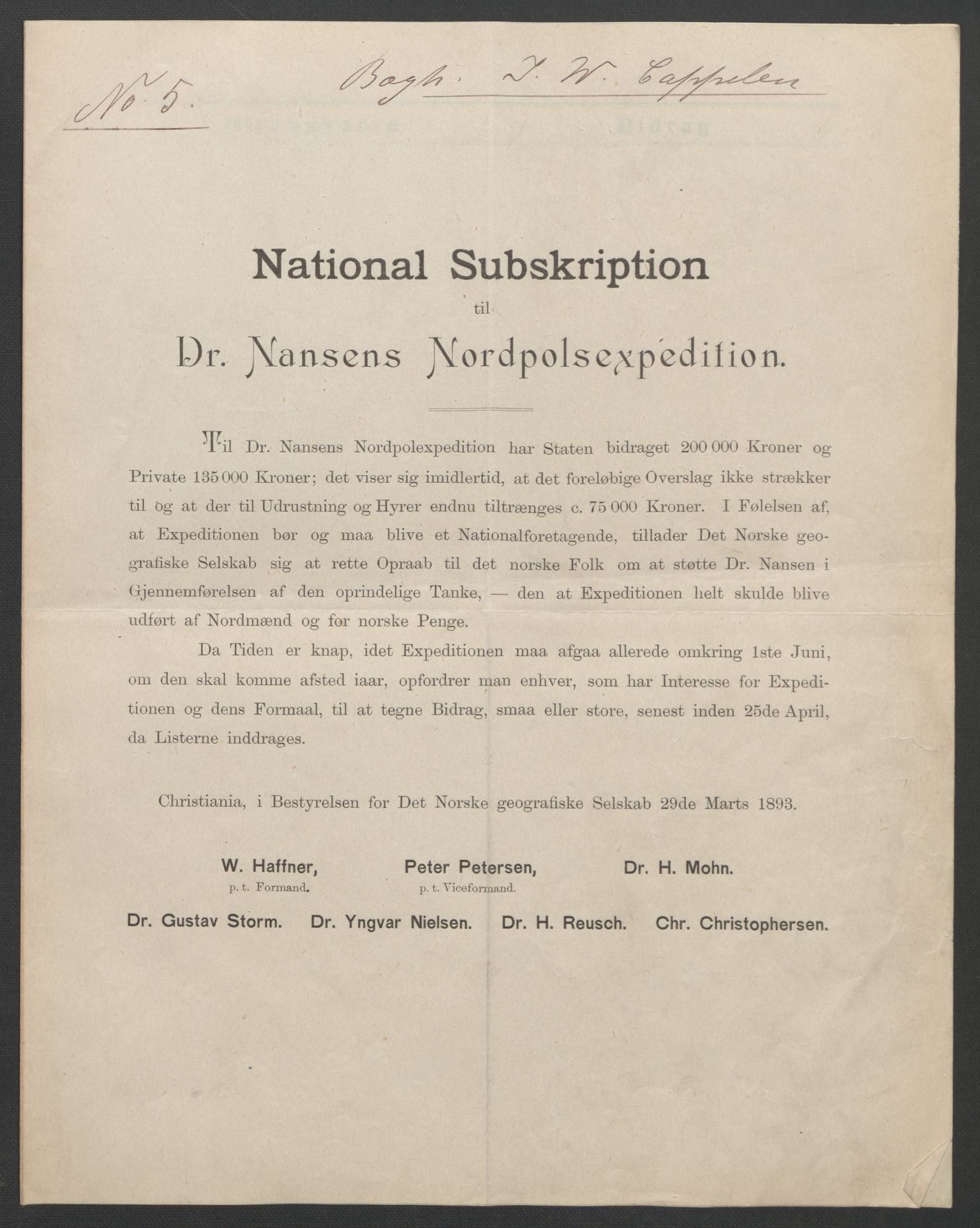 Arbeidskomitéen for Fridtjof Nansens polarekspedisjon, AV/RA-PA-0061/D/L0001/0006: Pengeinnsamlingen / Bidragslister med følgebrev, 1893, s. 10