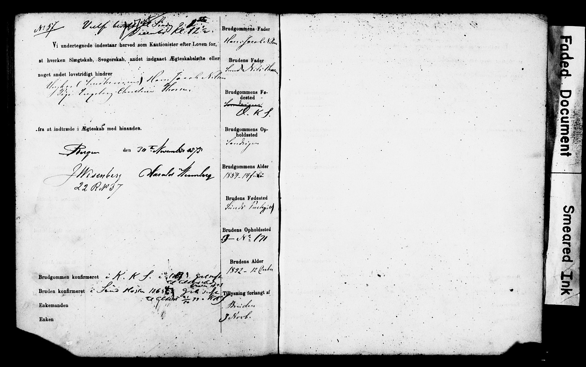 Korskirken sokneprestembete, SAB/A-76101: Forlovererklæringer nr. II.5.4, 1871-1878