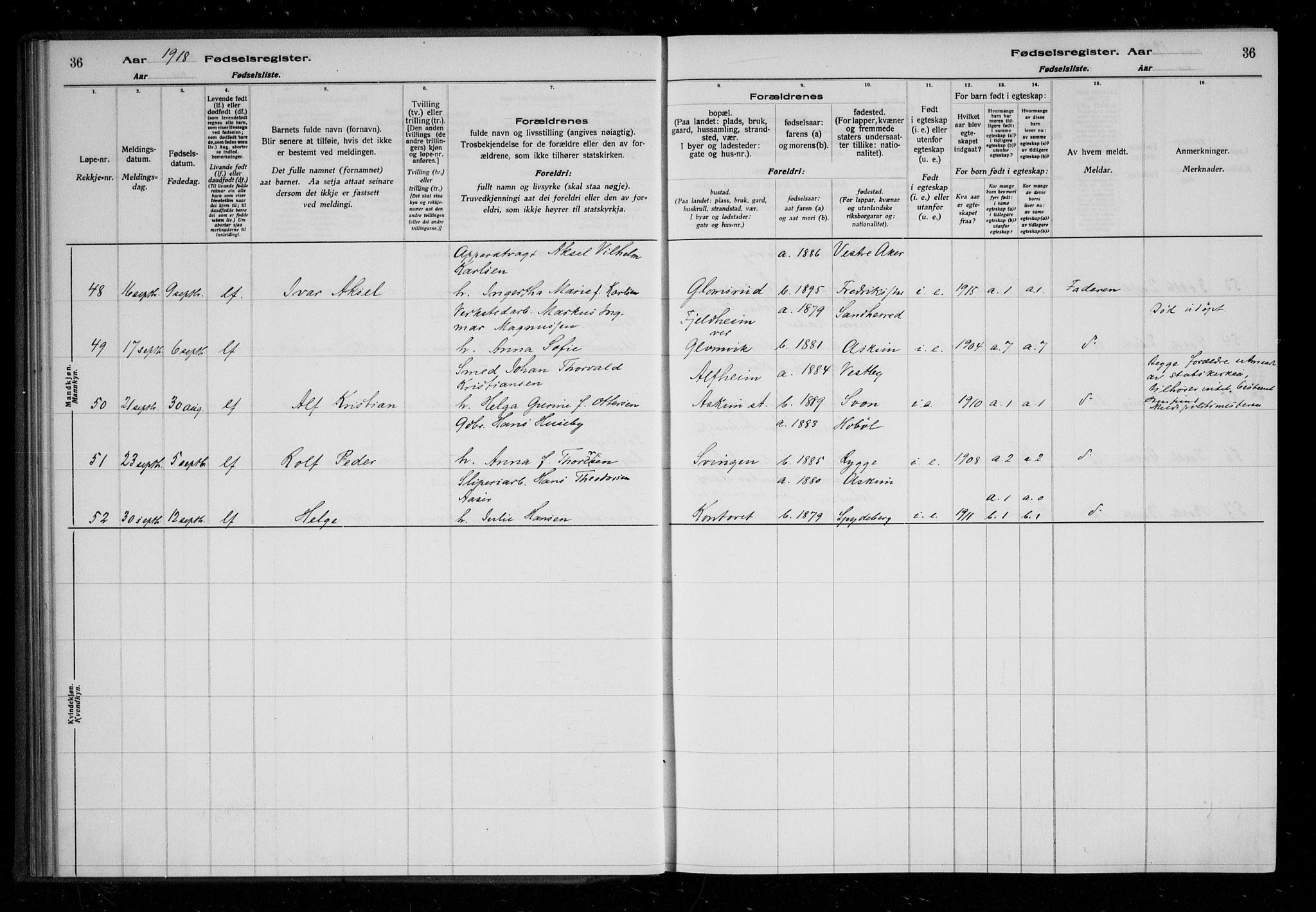 Askim prestekontor Kirkebøker, SAO/A-10900/J/Ja/L0001: Fødselsregister nr. 1, 1916-1929, s. 36