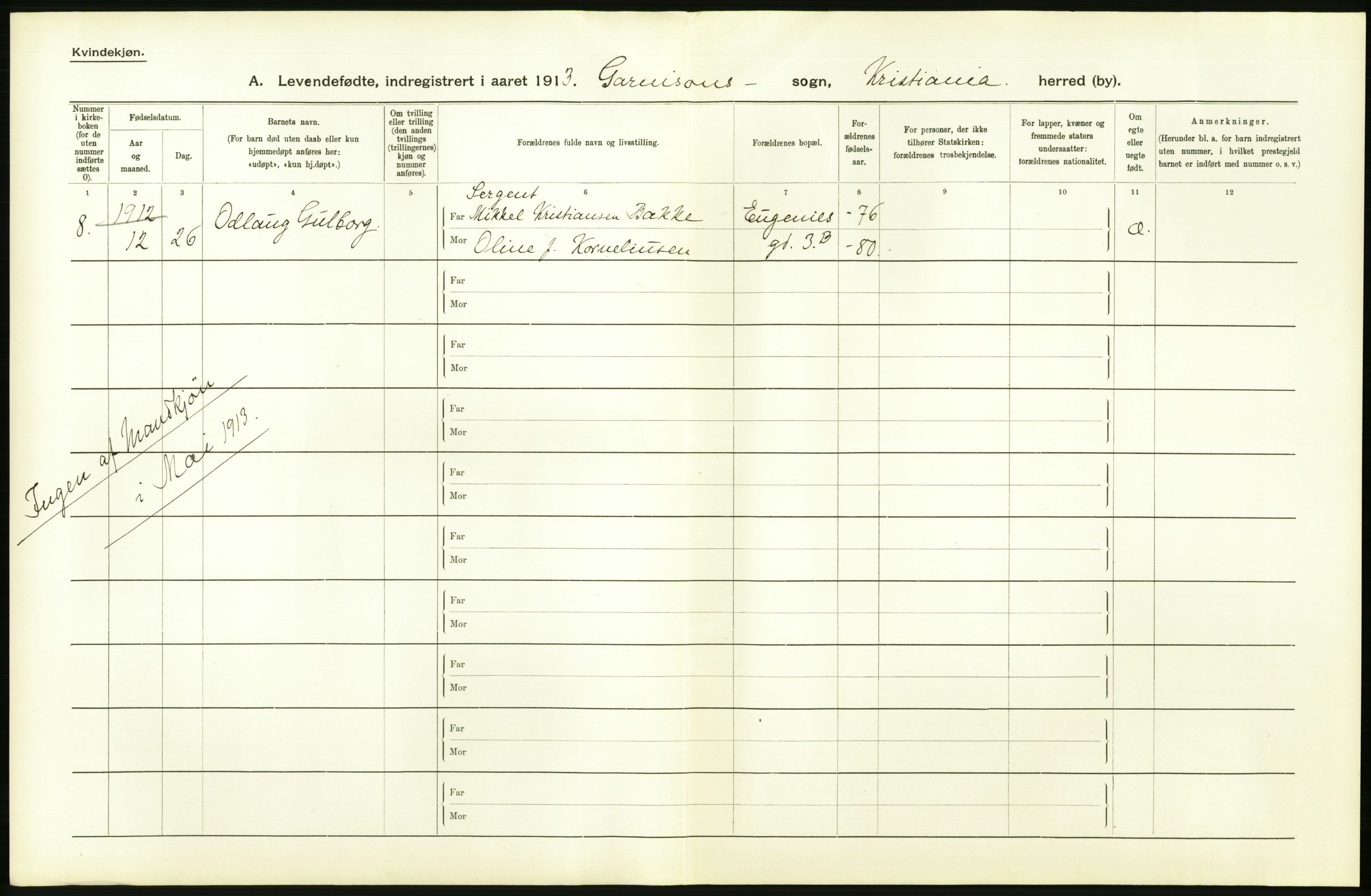 Statistisk sentralbyrå, Sosiodemografiske emner, Befolkning, AV/RA-S-2228/D/Df/Dfb/Dfbc/L0007: Kristiania: Levendefødte menn og kvinner., 1913, s. 750