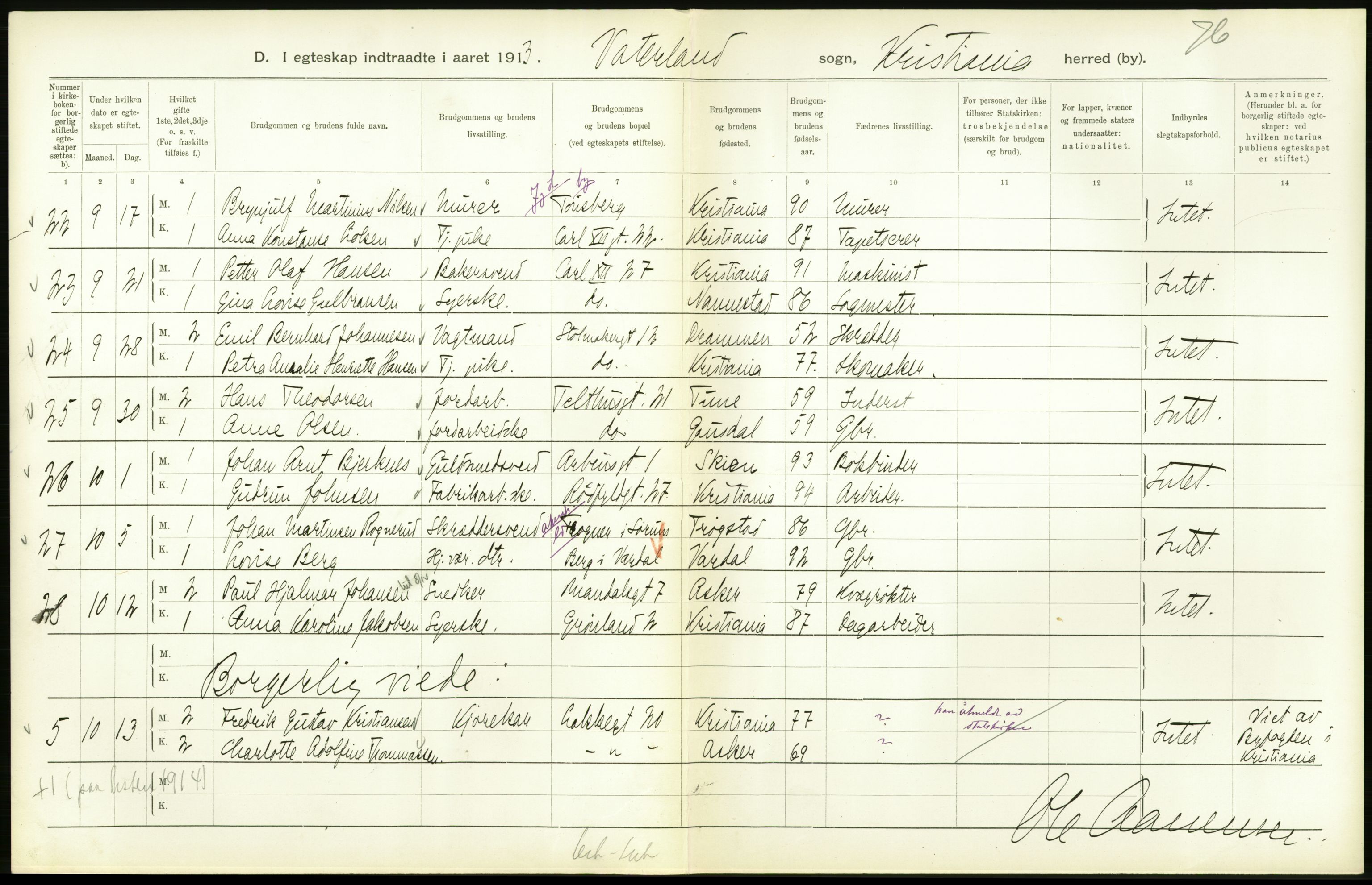 Statistisk sentralbyrå, Sosiodemografiske emner, Befolkning, AV/RA-S-2228/D/Df/Dfb/Dfbc/L0008: Kristiania: Gifte., 1913, s. 118