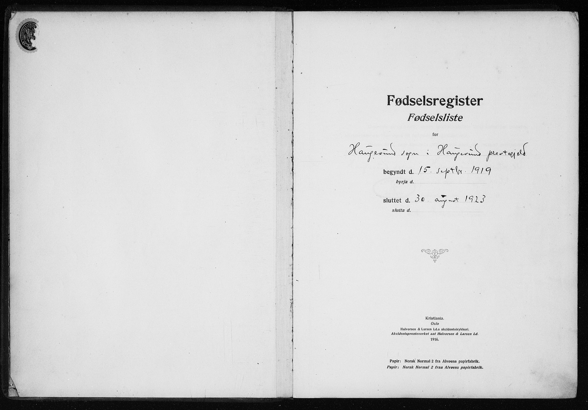 Haugesund sokneprestkontor, SAST/A -101863/I/Id/L0004: Fødselsregister nr. 2, 1919-1923