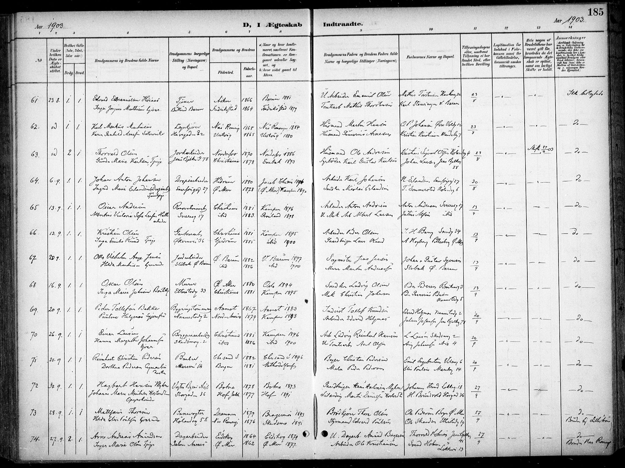 Kampen prestekontor Kirkebøker, AV/SAO-A-10853/F/Fa/L0009: Ministerialbok nr. I 9, 1899-1911, s. 185