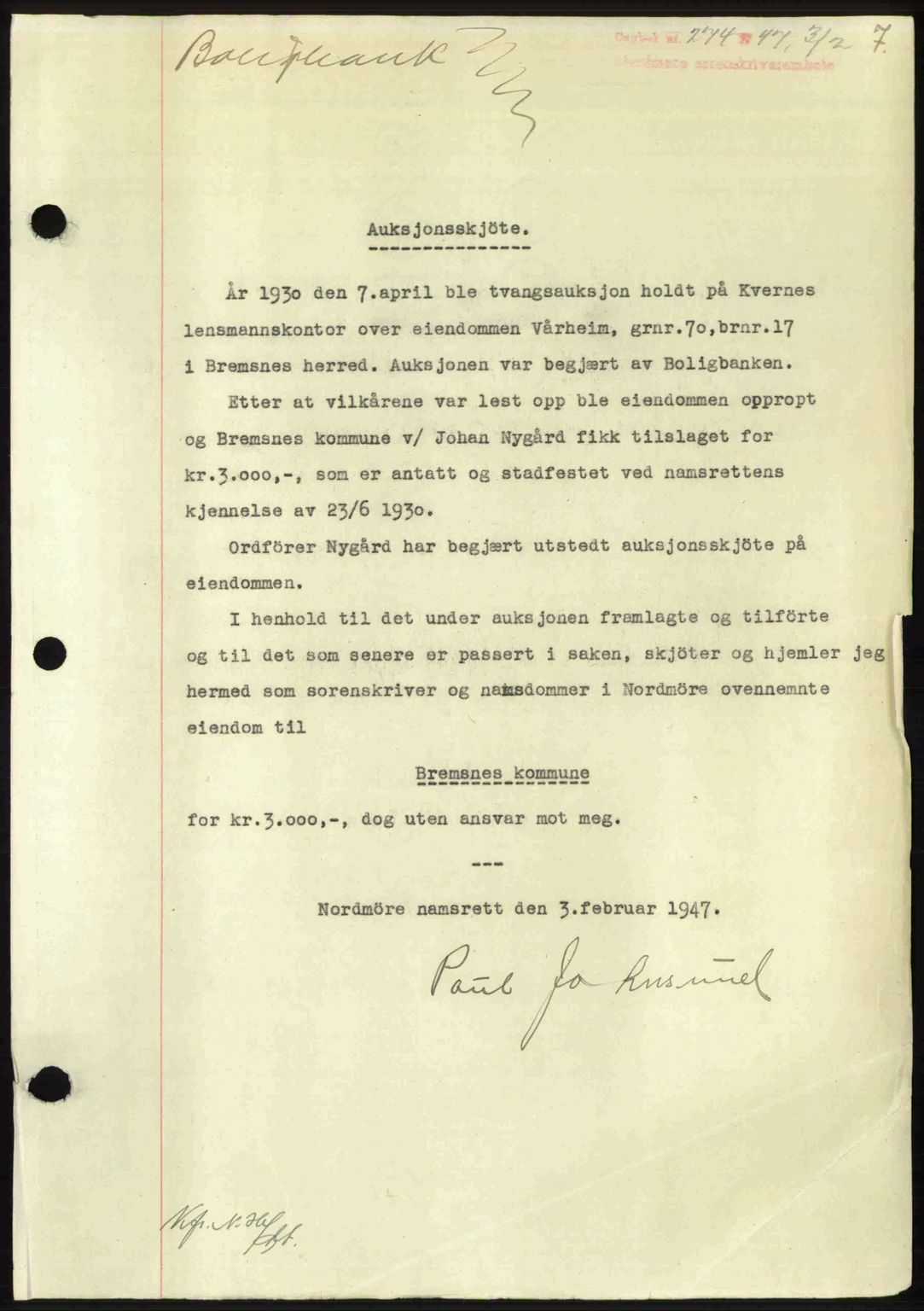 Nordmøre sorenskriveri, SAT/A-4132/1/2/2Ca: Pantebok nr. A104, 1947-1947, Dagboknr: 274/1947