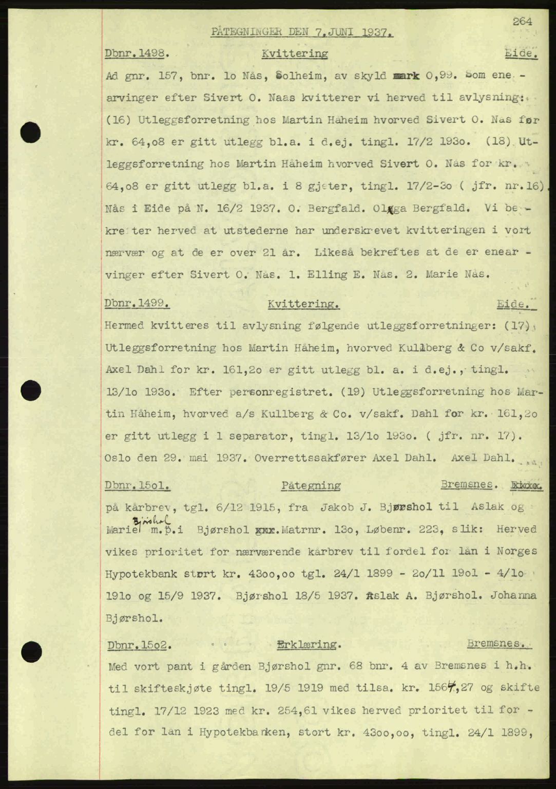 Nordmøre sorenskriveri, SAT/A-4132/1/2/2Ca: Pantebok nr. C80, 1936-1939, Dagboknr: 1498/1937