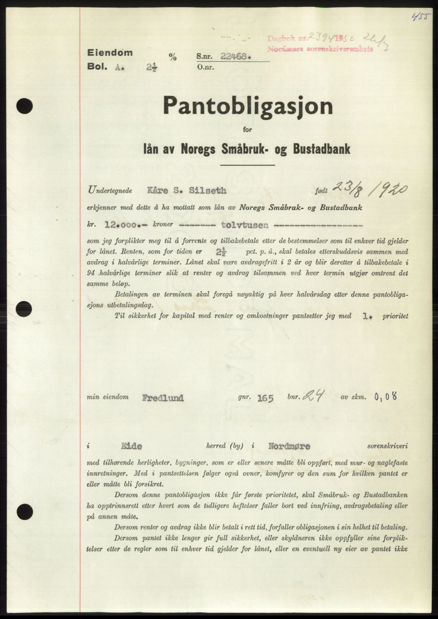 Nordmøre sorenskriveri, AV/SAT-A-4132/1/2/2Ca: Pantebok nr. B105, 1950-1950, Dagboknr: 2394/1950