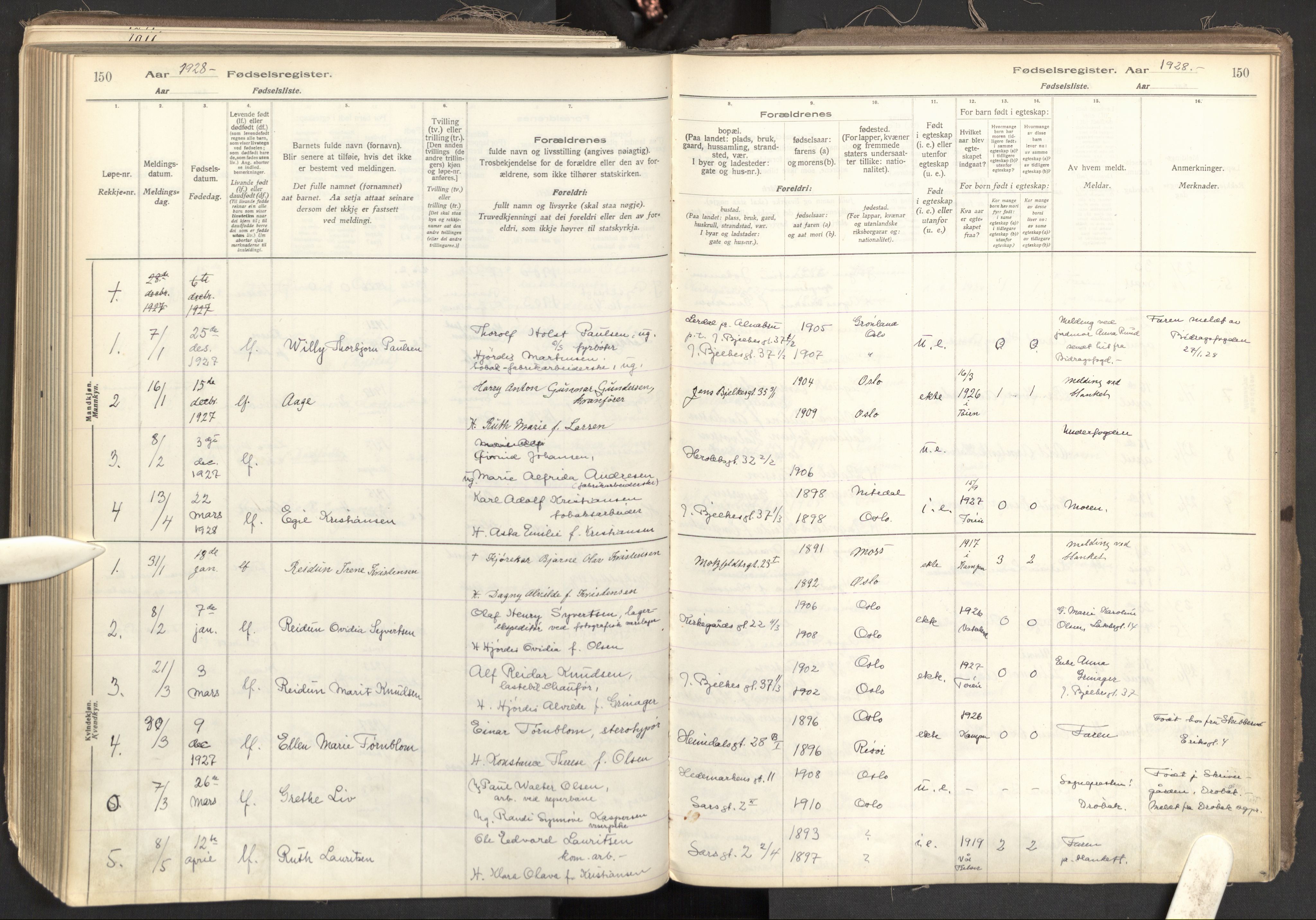 Tøyen prestekontor Kirkebøker, SAO/A-10167a/J/Ja/L0001: Fødselsregister nr. 1, 1916-1944, s. 150