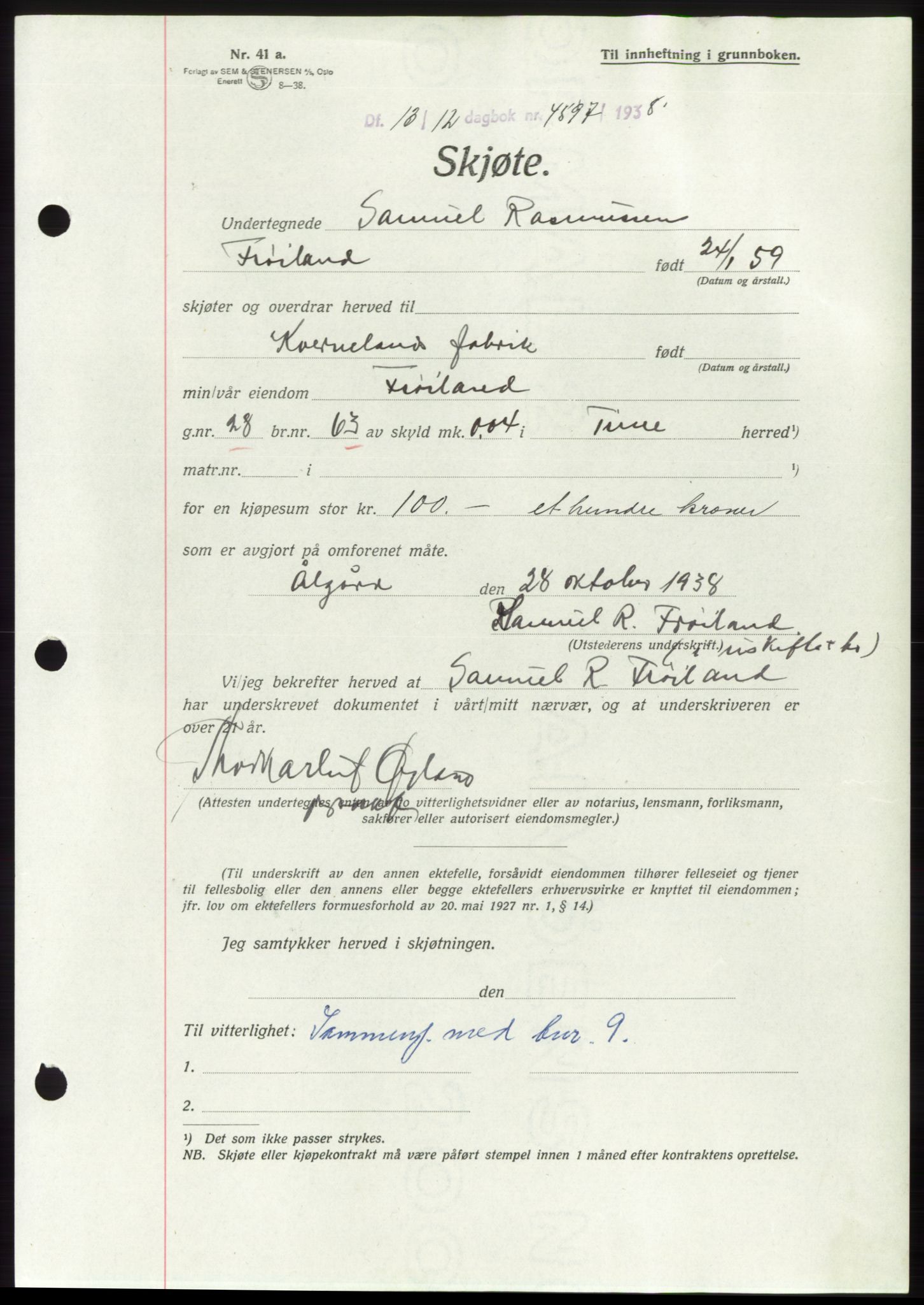 Jæren sorenskriveri, SAST/A-100310/03/G/Gba/L0072: Pantebok, 1938-1938, Dagboknr: 4597/1938