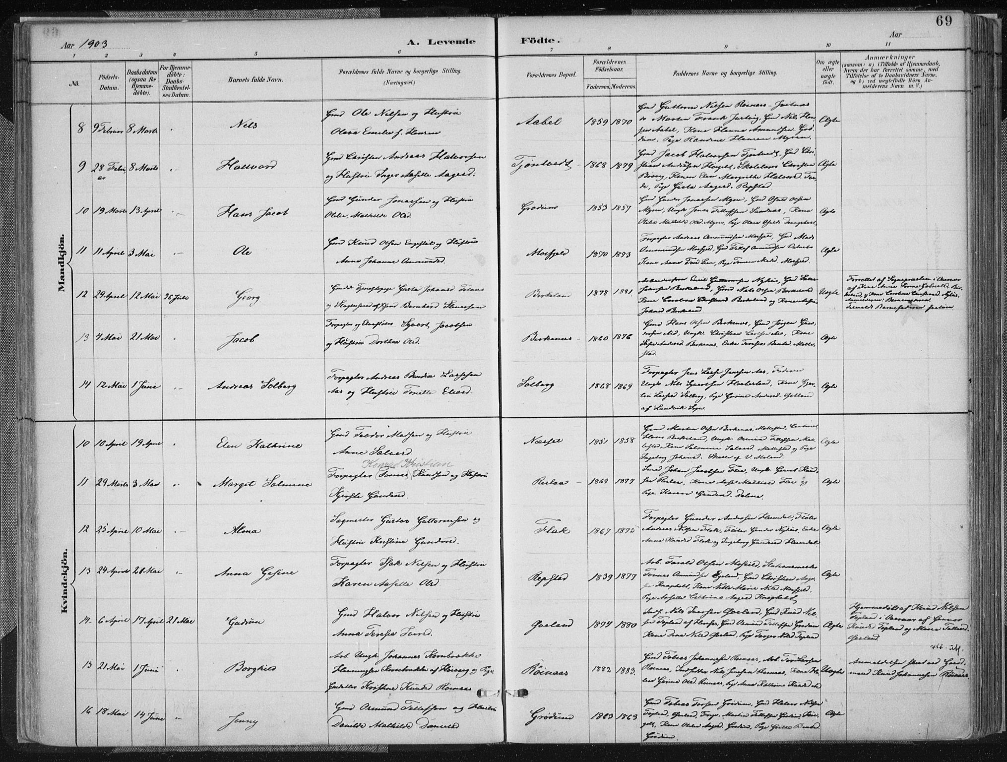 Birkenes sokneprestkontor, SAK/1111-0004/F/Fa/L0005: Ministerialbok nr. A 5, 1887-1907, s. 69