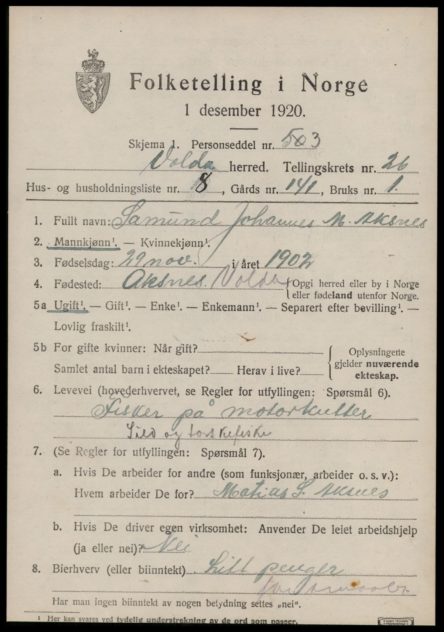 SAT, Folketelling 1920 for 1519 Volda herred, 1920, s. 12486