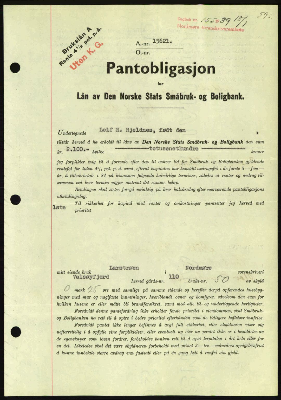 Nordmøre sorenskriveri, SAT/A-4132/1/2/2Ca: Pantebok nr. B84, 1938-1939, Dagboknr: 155/1939