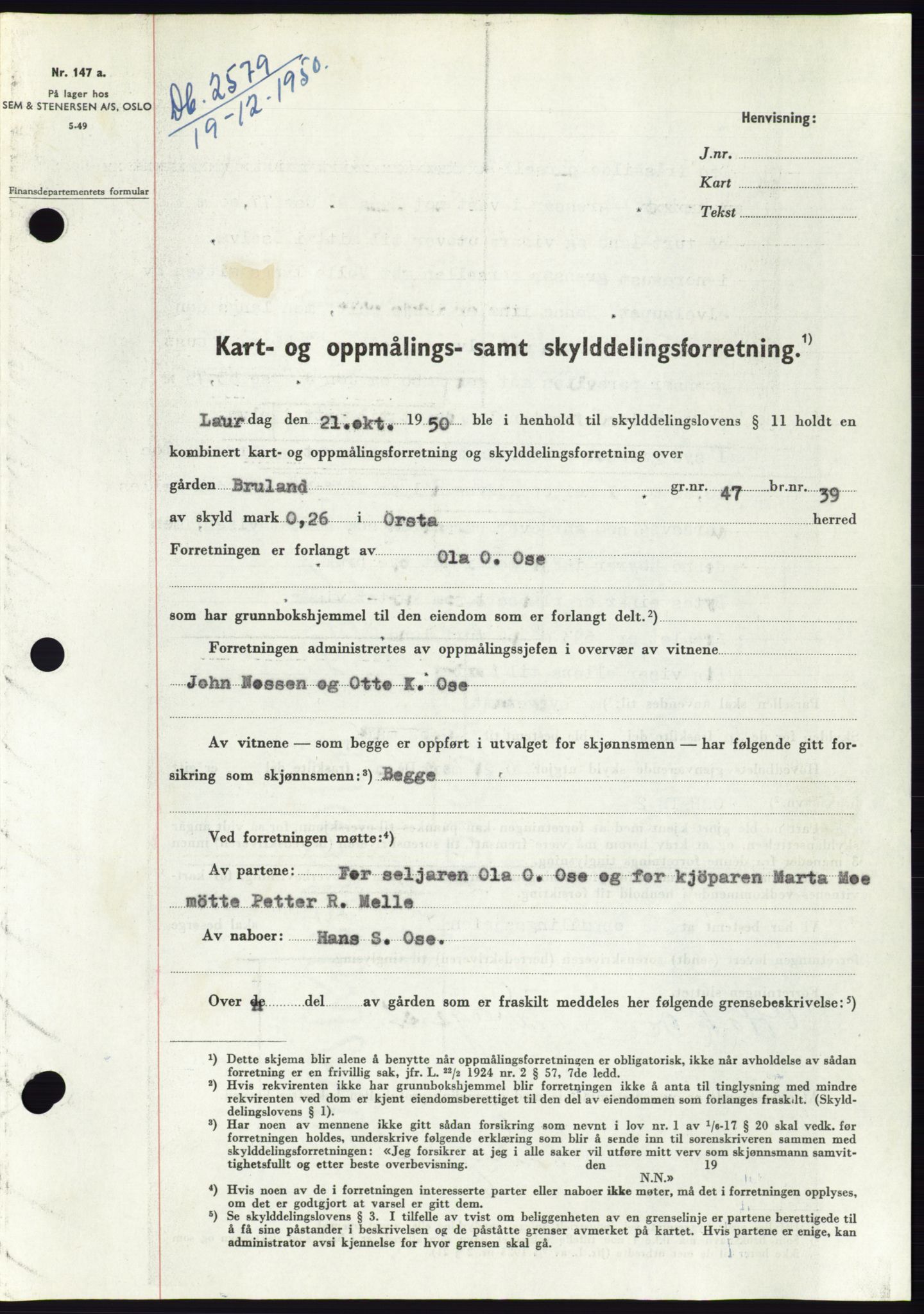 Søre Sunnmøre sorenskriveri, SAT/A-4122/1/2/2C/L0088: Pantebok nr. 14A, 1950-1951, Dagboknr: 2579/1950