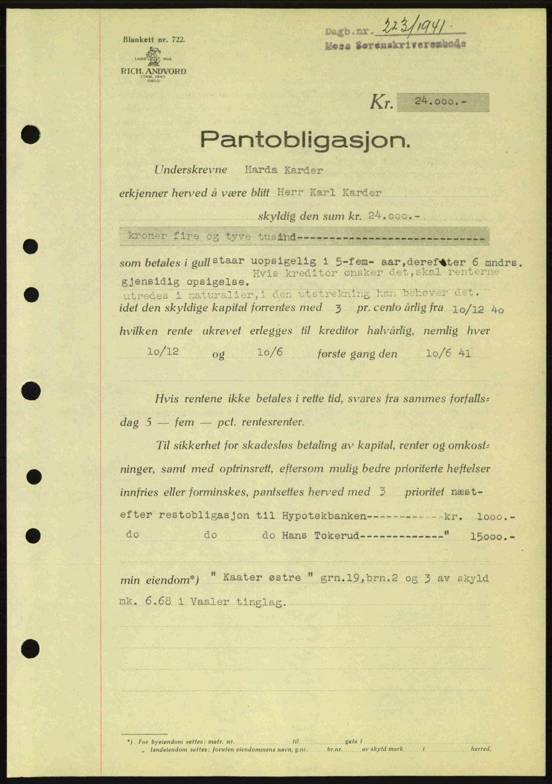 Moss sorenskriveri, SAO/A-10168: Pantebok nr. B10, 1940-1941, Dagboknr: 223/1941