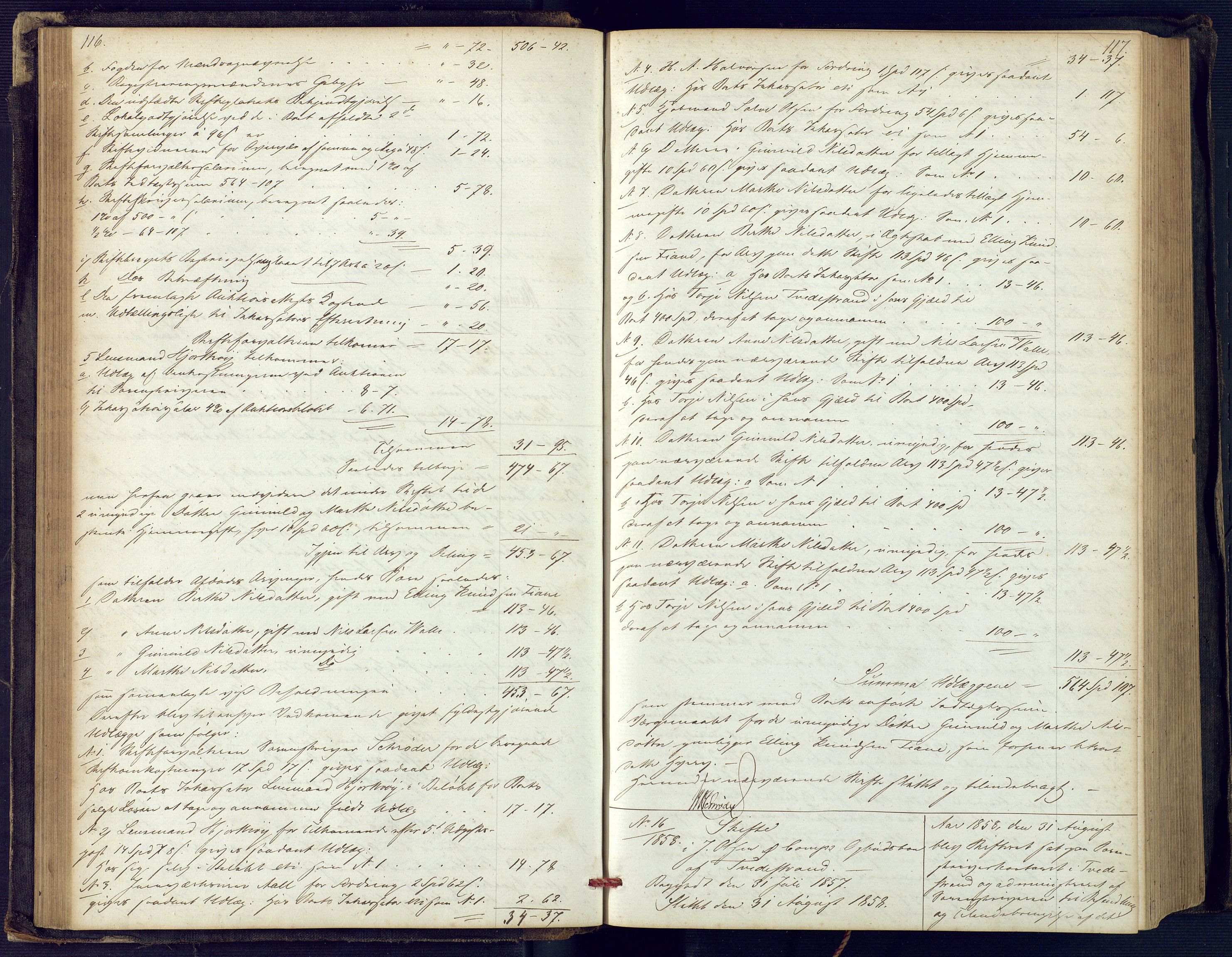 Holt sorenskriveri, SAK/1221-0002/H/Hc/L0029: Skifteutlodningsprotokoll nr. 4 med løst register, 1857-1862, s. 116-117