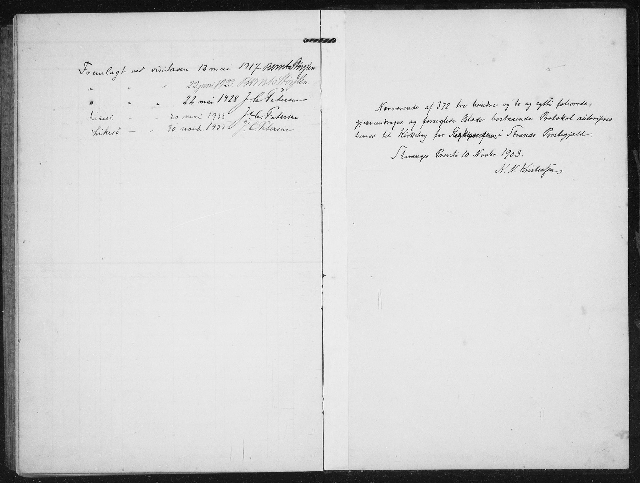 Strand sokneprestkontor, AV/SAST-A-101828/H/Ha/Hab/L0005: Klokkerbok nr. B 5, 1904-1934