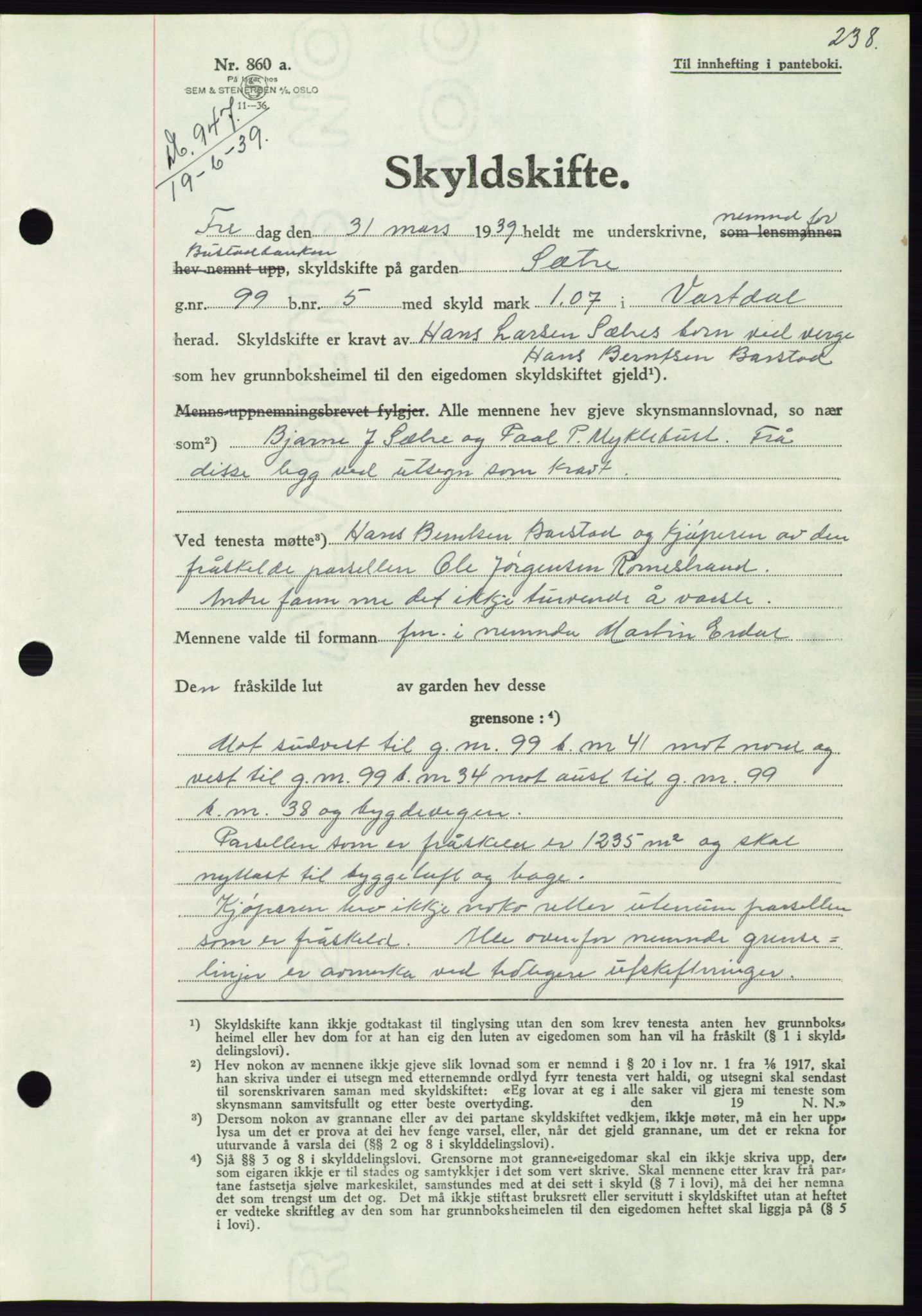 Søre Sunnmøre sorenskriveri, AV/SAT-A-4122/1/2/2C/L0068: Pantebok nr. 62, 1939-1939, Dagboknr: 947/1939