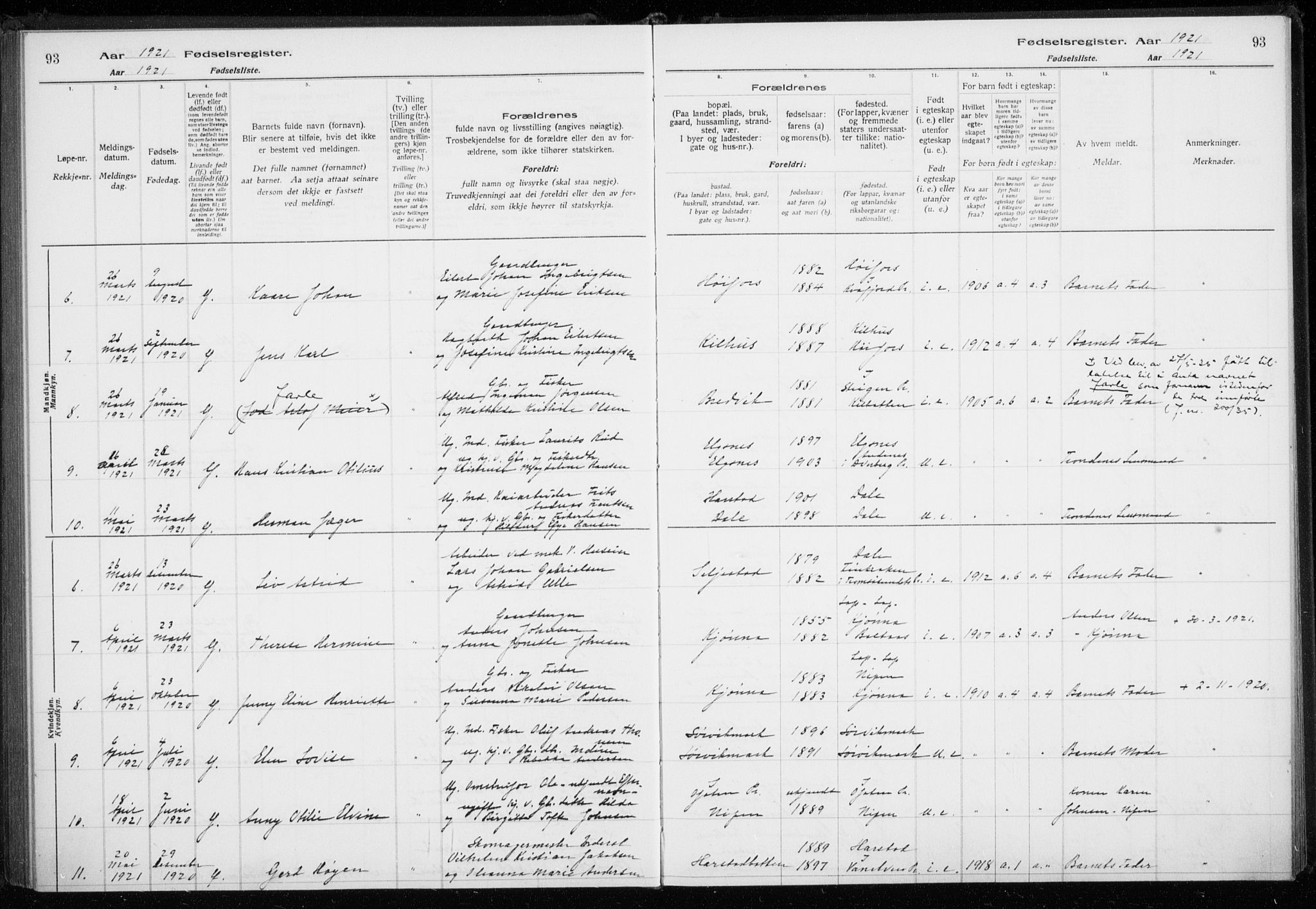 Trondenes sokneprestkontor, AV/SATØ-S-1319/I/Ia/L0089: Fødselsregister nr. 89, 1916-1925, s. 93