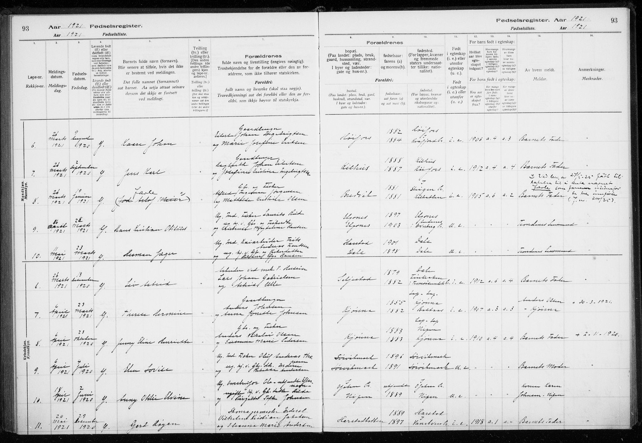 Trondenes sokneprestkontor, SATØ/S-1319/I/Ia/L0089: Fødselsregister nr. 89, 1916-1925, s. 93