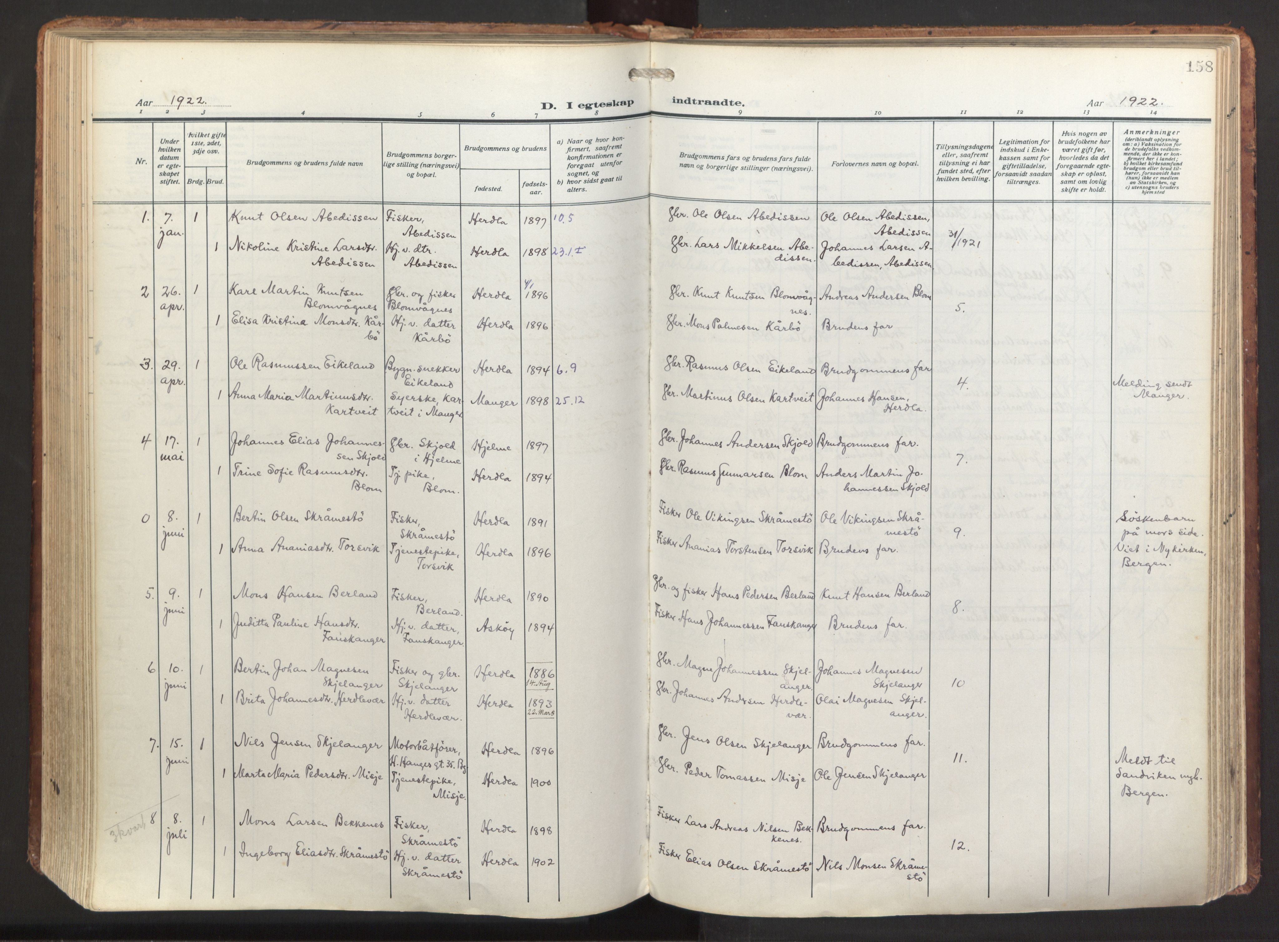 Herdla Sokneprestembete, AV/SAB-A-75701/H/Haa: Ministerialbok nr. A 6, 1918-1933, s. 158