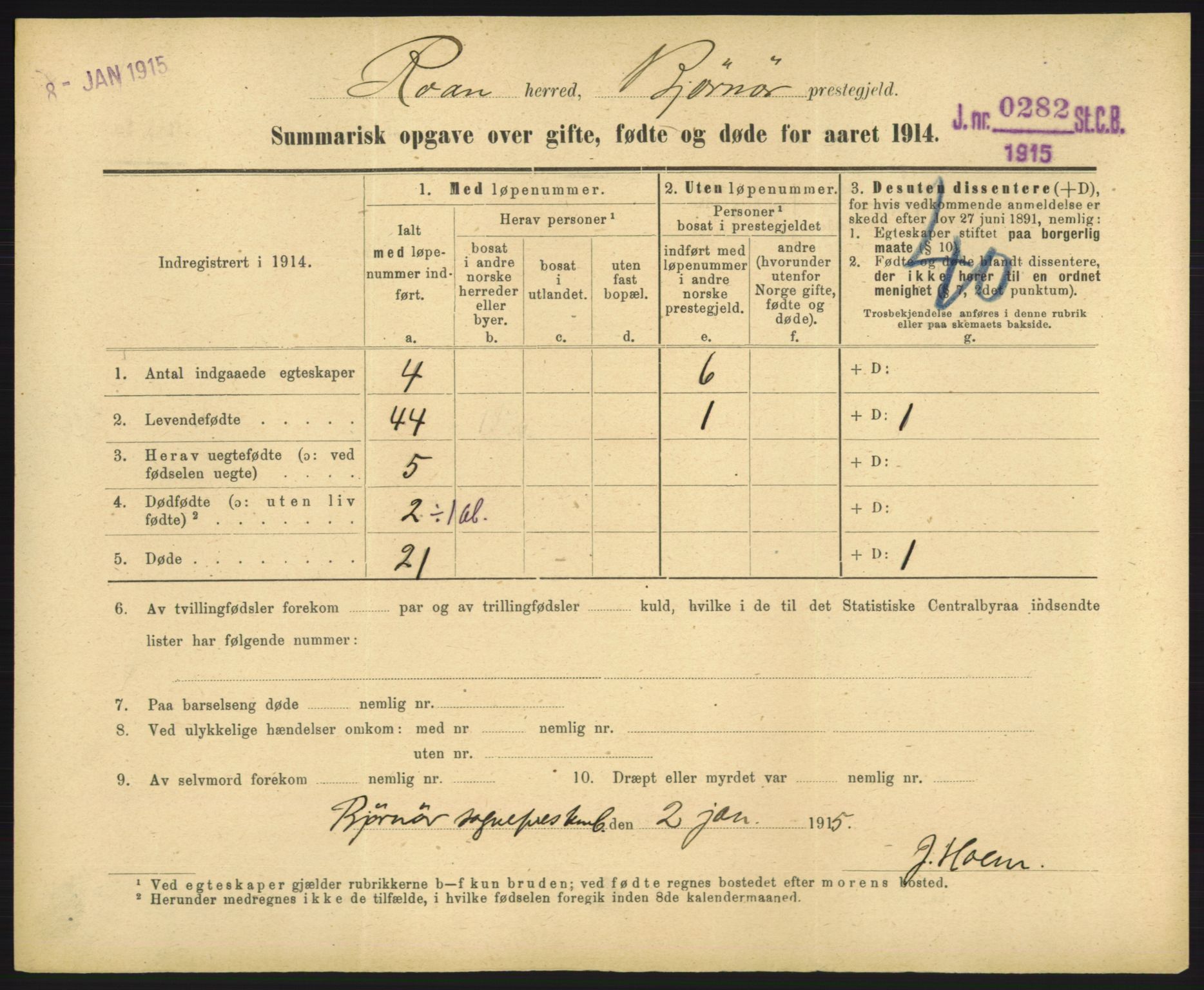 Statistisk sentralbyrå, Sosiodemografiske emner, Befolkning, RA/S-2228/D/Df/Dfb/Dfbd/L0049: Summariske oppgaver over gifte, døde og fødte for hele landet., 1914, s. 1185