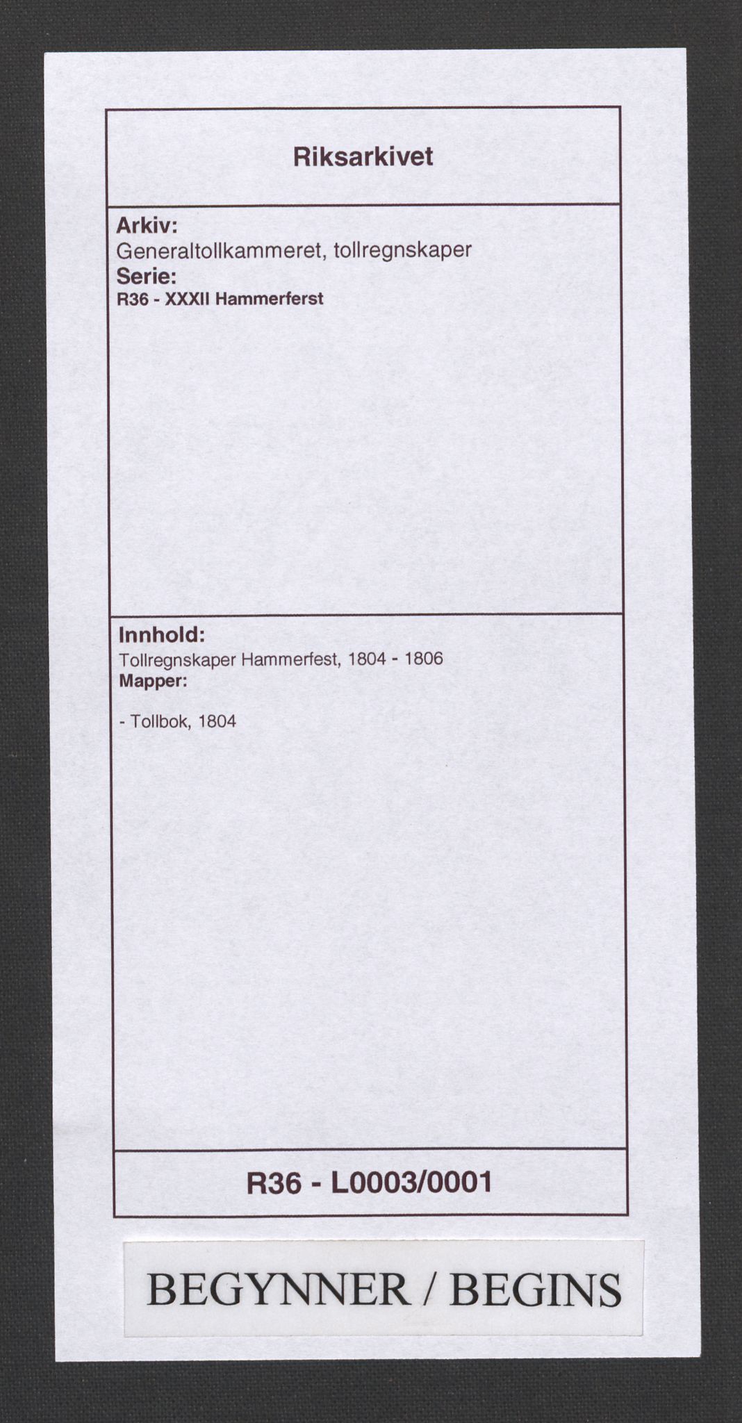 Generaltollkammeret, tollregnskaper, RA/EA-5490/R36/L0003/0001: Tollregnskaper Hammerfest / Tollbok, 1804