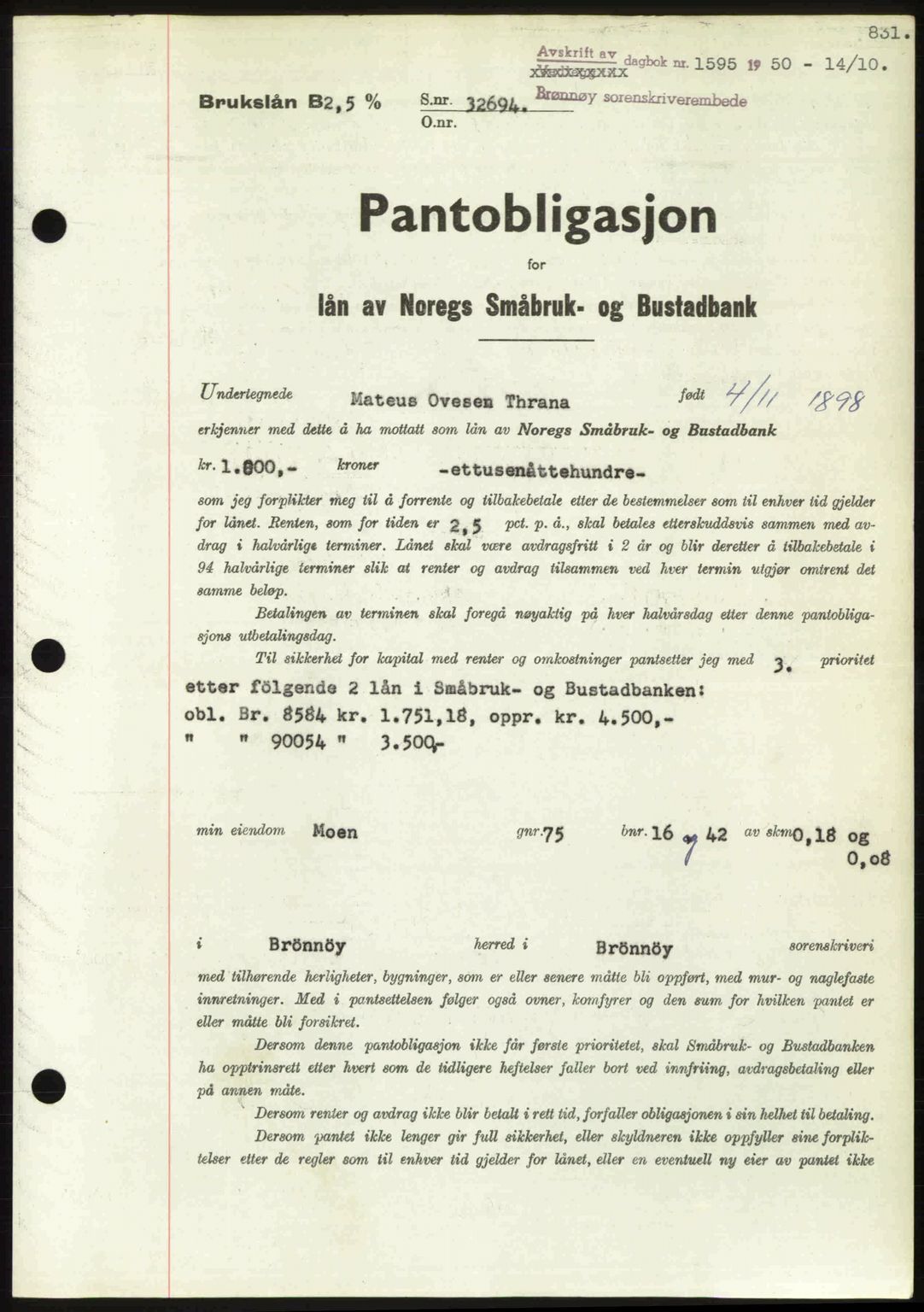 Brønnøy sorenskriveri, SAT/A-4170/1/2/2C: Pantebok nr. 36, 1950-1950, Dagboknr: 1595/1950
