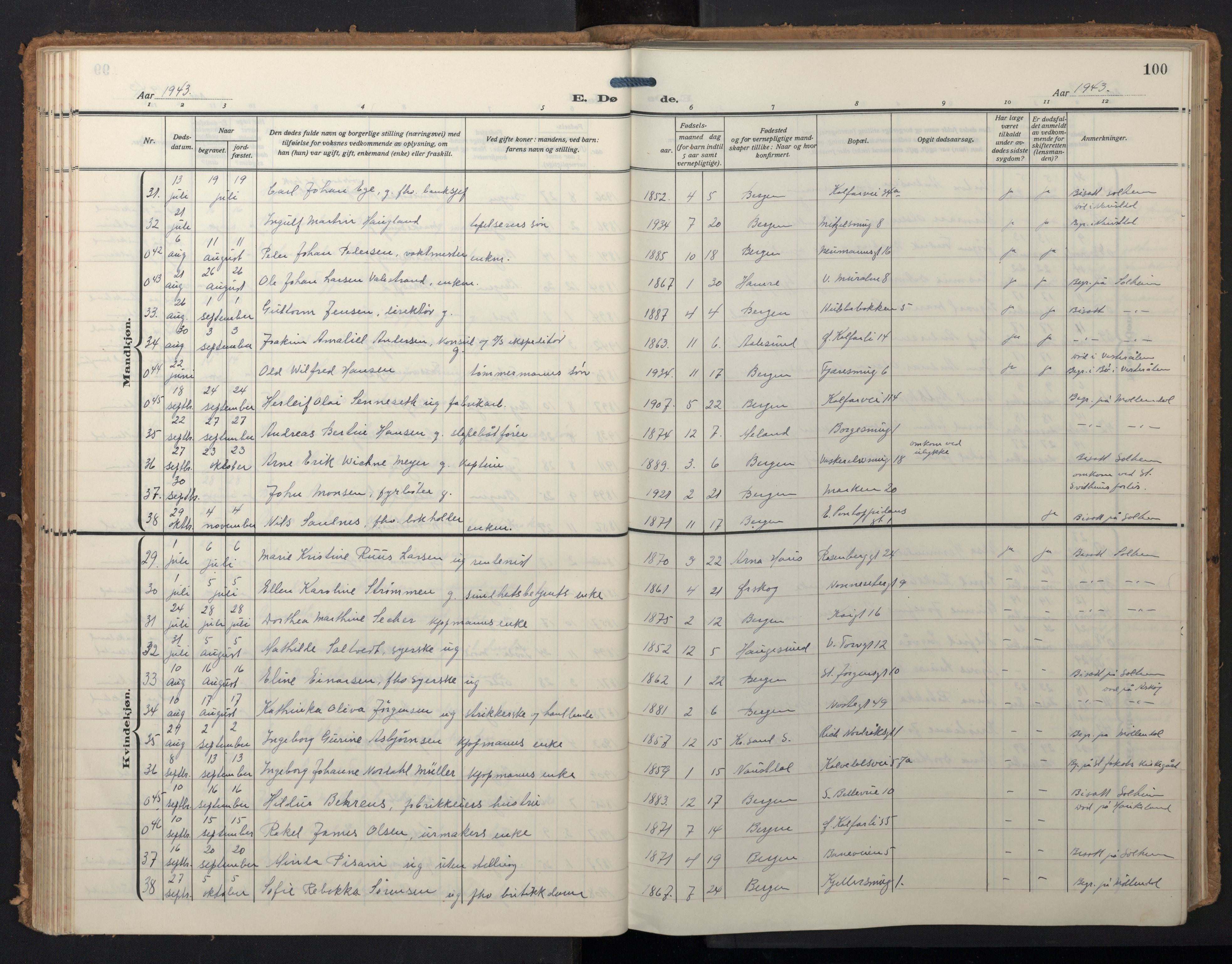 Domkirken sokneprestembete, AV/SAB-A-74801/H/Hab/L0043: Klokkerbok nr. E 7, 1929-1965, s. 99b-100a