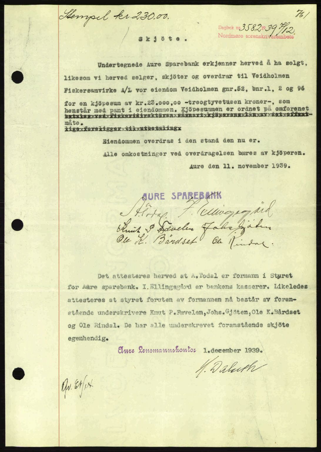 Nordmøre sorenskriveri, SAT/A-4132/1/2/2Ca: Pantebok nr. A87, 1939-1940, Dagboknr: 3582/1939