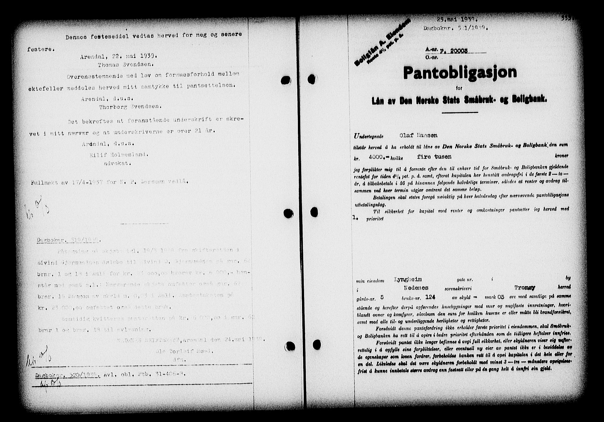Nedenes sorenskriveri, SAK/1221-0006/G/Gb/Gba/L0046: Pantebok nr. 42, 1938-1939, Dagboknr: 521/1939