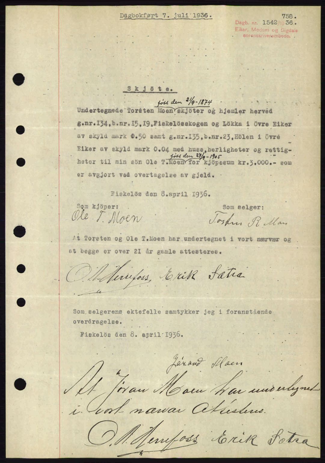 Eiker, Modum og Sigdal sorenskriveri, SAKO/A-123/G/Ga/Gab/L0032: Pantebok nr. A2, 1936-1936, Dagboknr: 1542/1936