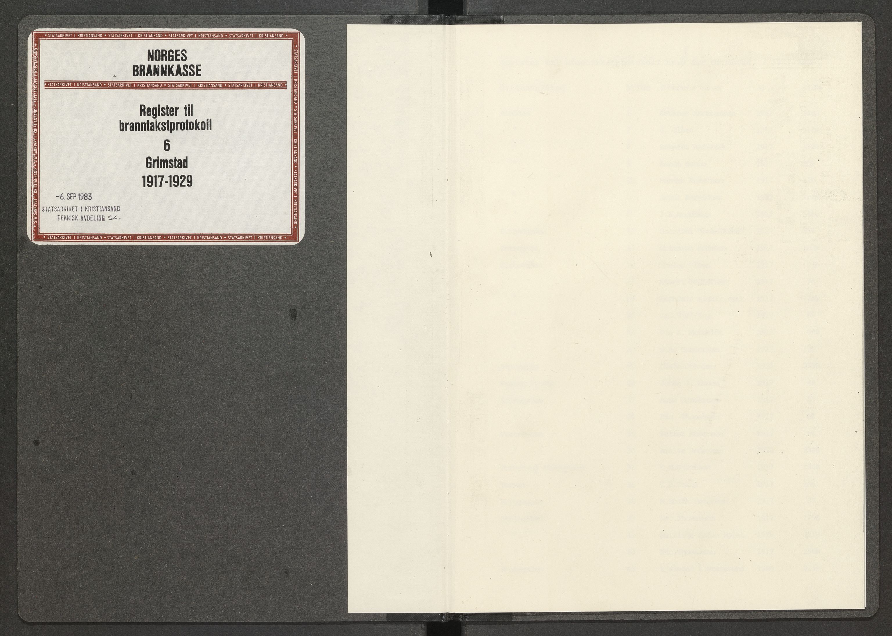 Norges Brannkasse Grimstad, AV/SAK-2241-0018/F/Fa/L0011: Løst register over brannforsikringsnummer og gatenavn til branntakstprotokoll nr. 8, 1917-1929