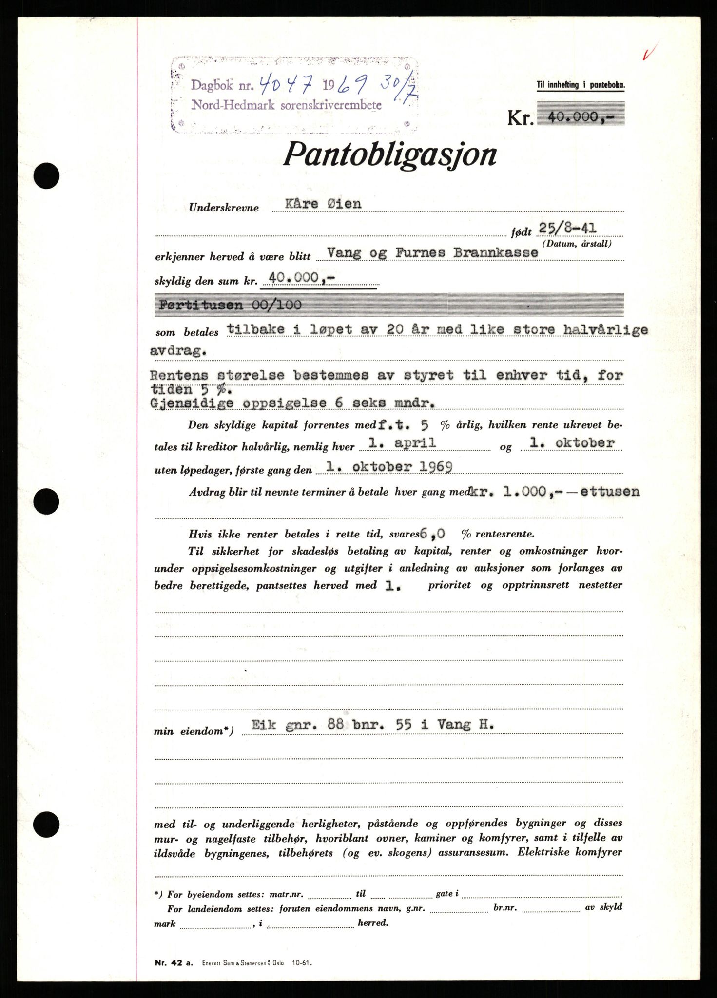 Nord-Hedmark sorenskriveri, SAH/TING-012/H/Hb/Hbf/L0080: Pantebok nr. B80, 1969-1969, Dagboknr: 4047/1969