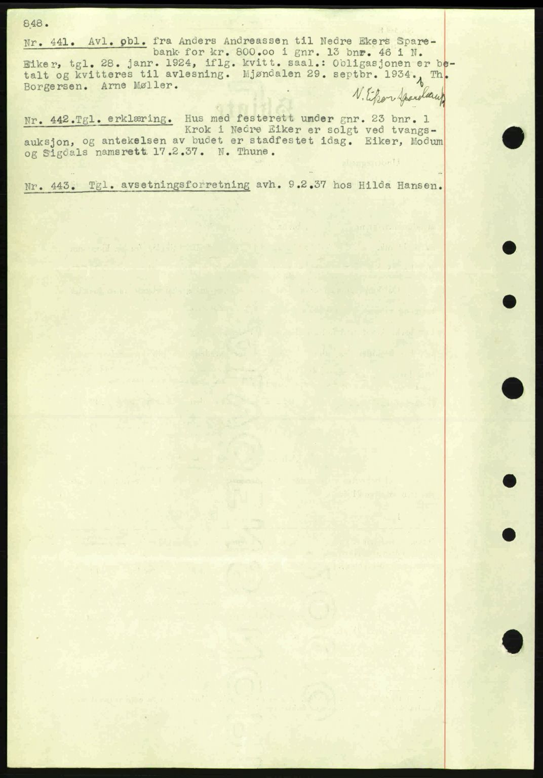 Eiker, Modum og Sigdal sorenskriveri, SAKO/A-123/G/Ga/Gab/L0034: Pantebok nr. A4, 1936-1937, Dagboknr: 441/1937