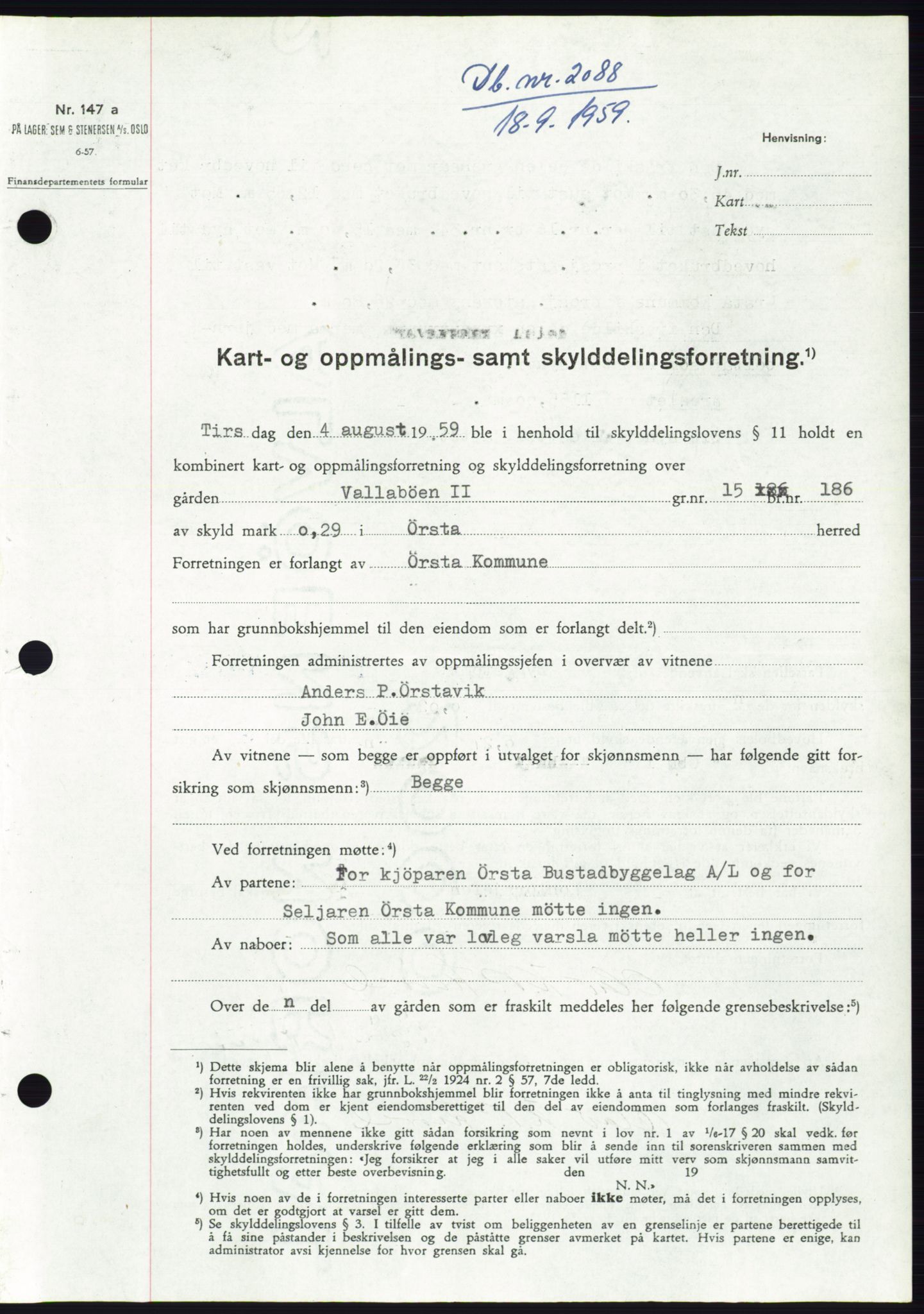 Søre Sunnmøre sorenskriveri, SAT/A-4122/1/2/2C/L0113: Pantebok nr. 39A, 1959-1959, Dagboknr: 2088/1959