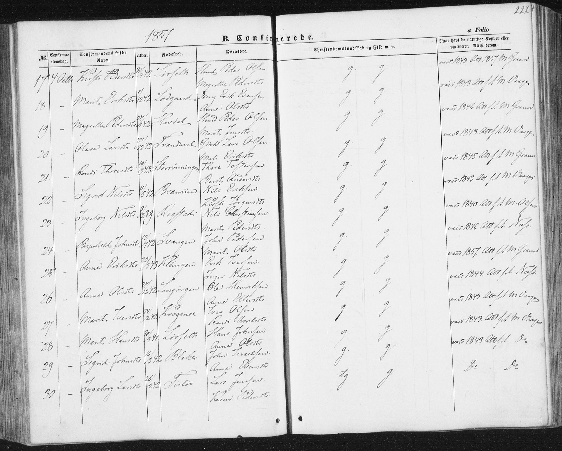 Ministerialprotokoller, klokkerbøker og fødselsregistre - Sør-Trøndelag, SAT/A-1456/691/L1076: Ministerialbok nr. 691A08, 1852-1861, s. 222