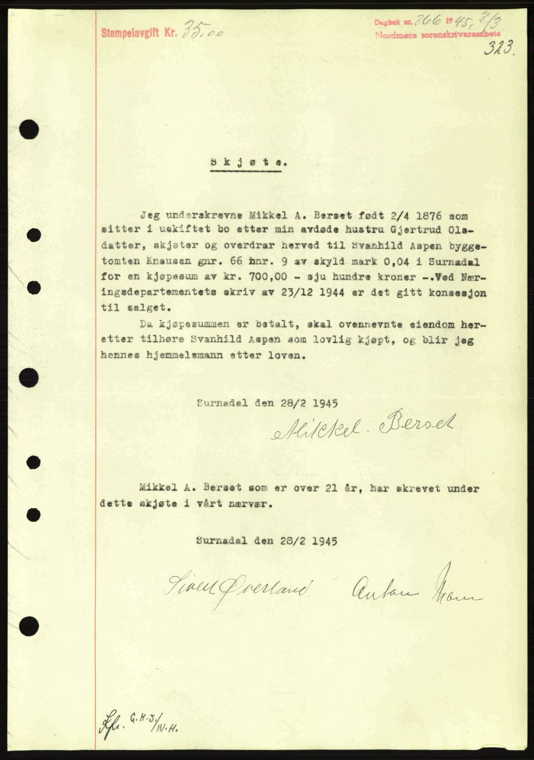 Nordmøre sorenskriveri, SAT/A-4132/1/2/2Ca: Pantebok nr. A99, 1945-1945, Dagboknr: 366/1945