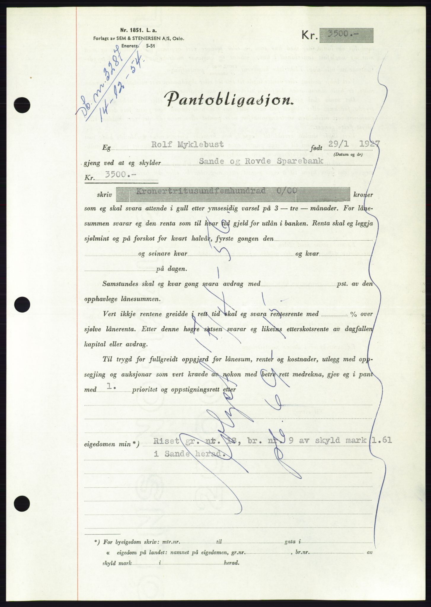 Søre Sunnmøre sorenskriveri, AV/SAT-A-4122/1/2/2C/L0126: Pantebok nr. 14B, 1954-1955, Dagboknr: 3287/1954