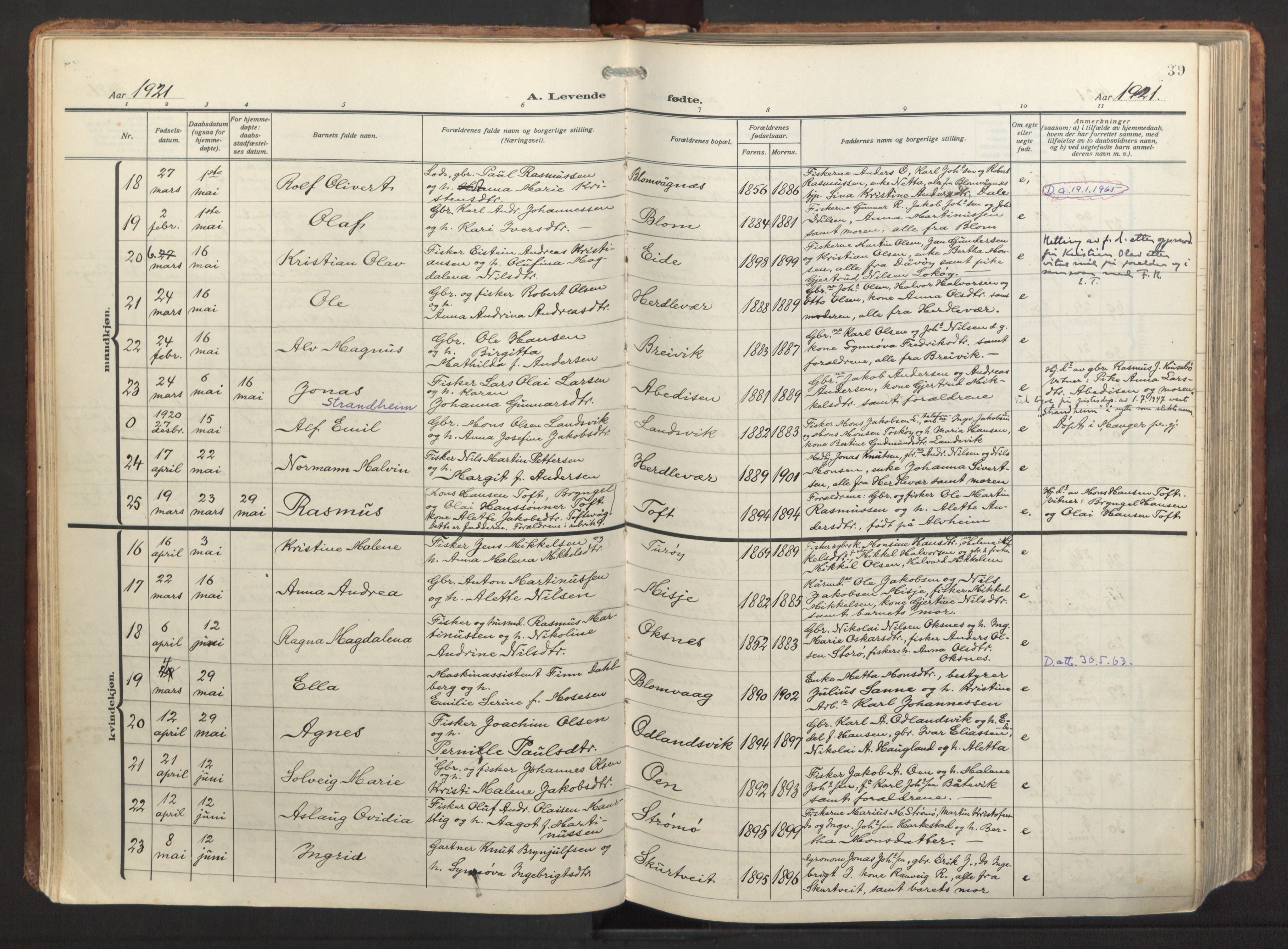 Herdla Sokneprestembete, AV/SAB-A-75701/H/Haa: Ministerialbok nr. A 6, 1918-1933, s. 39