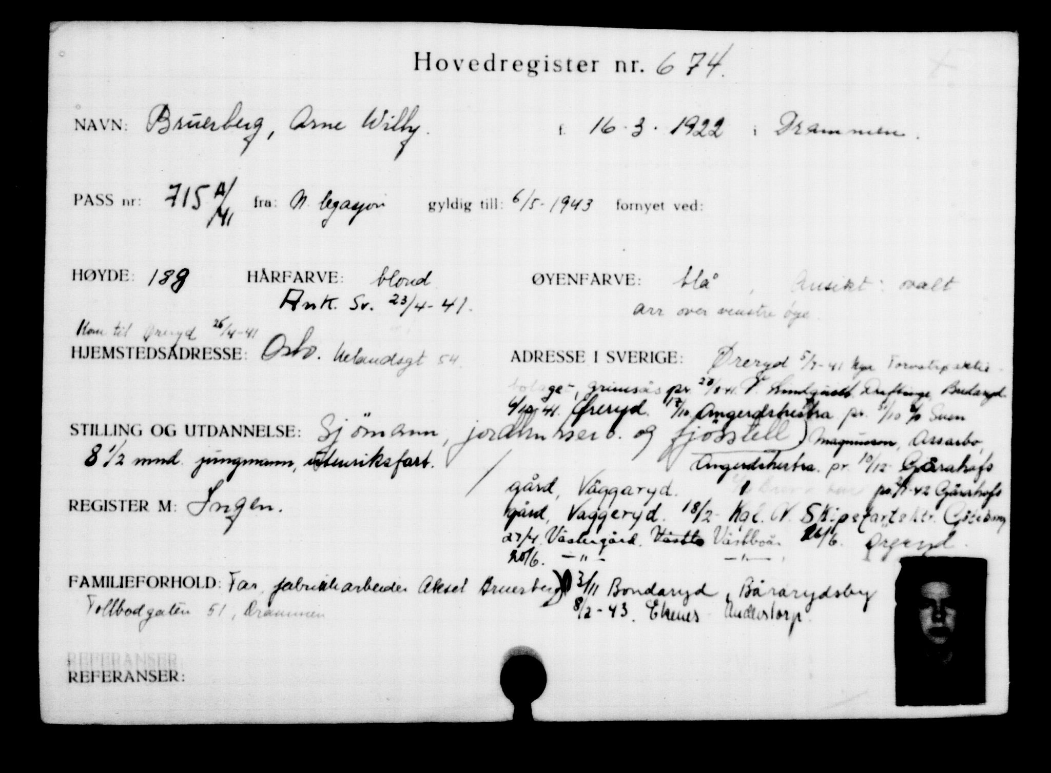 Utenriksstasjonene, Legasjonen i Stockholm, Flyktningkontoret, AV/RA-S-6753/V/Va/L0001: Kjesäterkartoteket, flyktninger med registreringsnr. 1-1000, 1940-1945, s. 1056