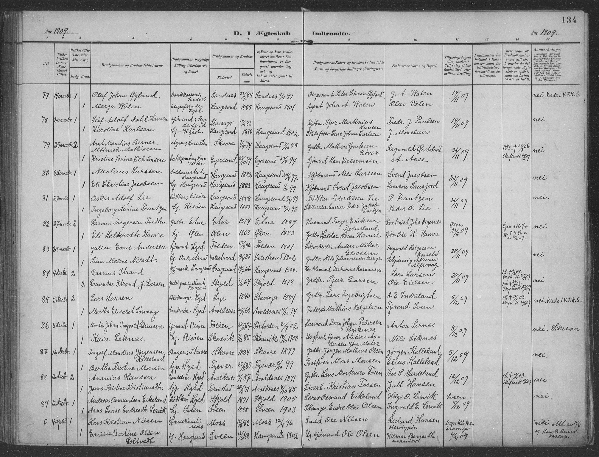 Haugesund sokneprestkontor, AV/SAST-A -101863/H/Ha/Haa/L0007: Ministerialbok nr. A 7, 1904-1916, s. 134