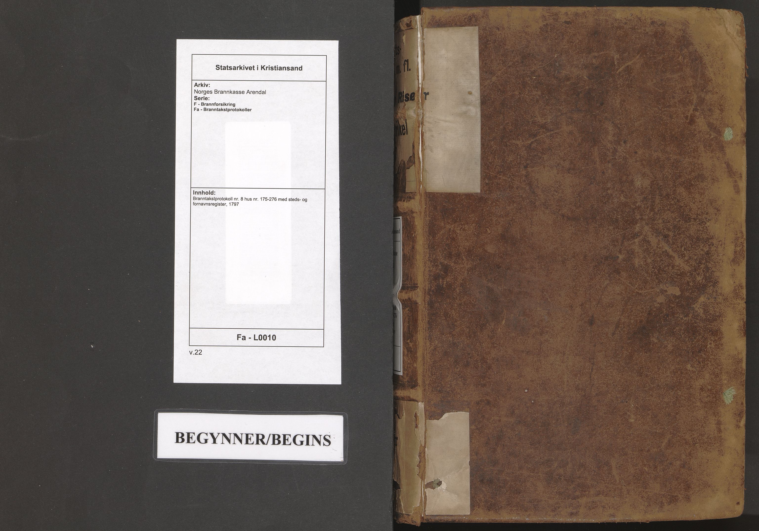 Norges Brannkasse Arendal, AV/SAK-2241-0002/F/Fa/L0010: Branntakstprotokoll nr. 8 hus nr. 175-276 med steds- og fornavnsregister, 1797