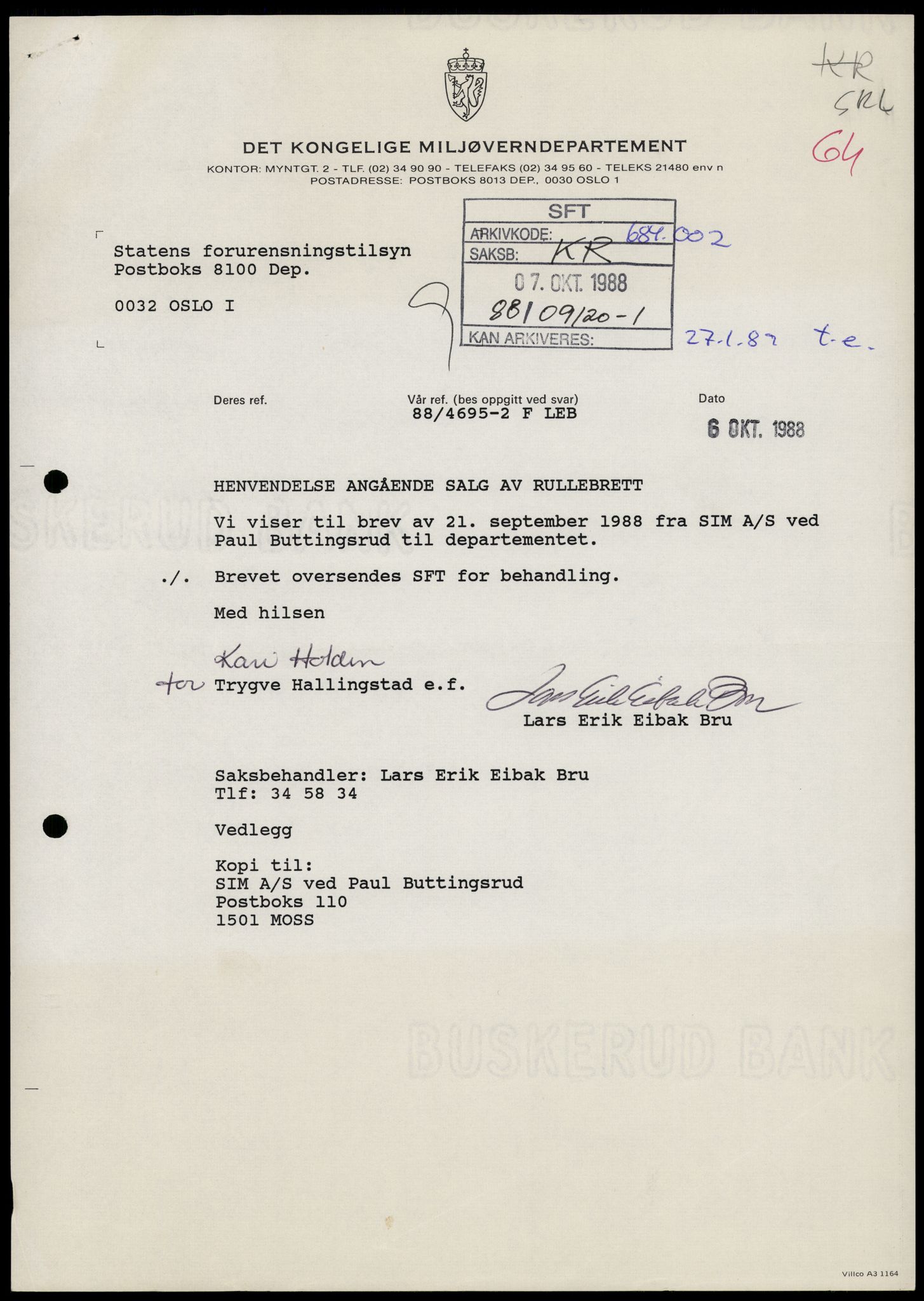 Statens forurensningstilsyn, hovedkontoret, AV/RA-S-4136/1/D/Da/L1857: Kommunalt avløpsvann, slam og avfall, vannforsyning, analyse, akvakultur og produktkontroll, 1988