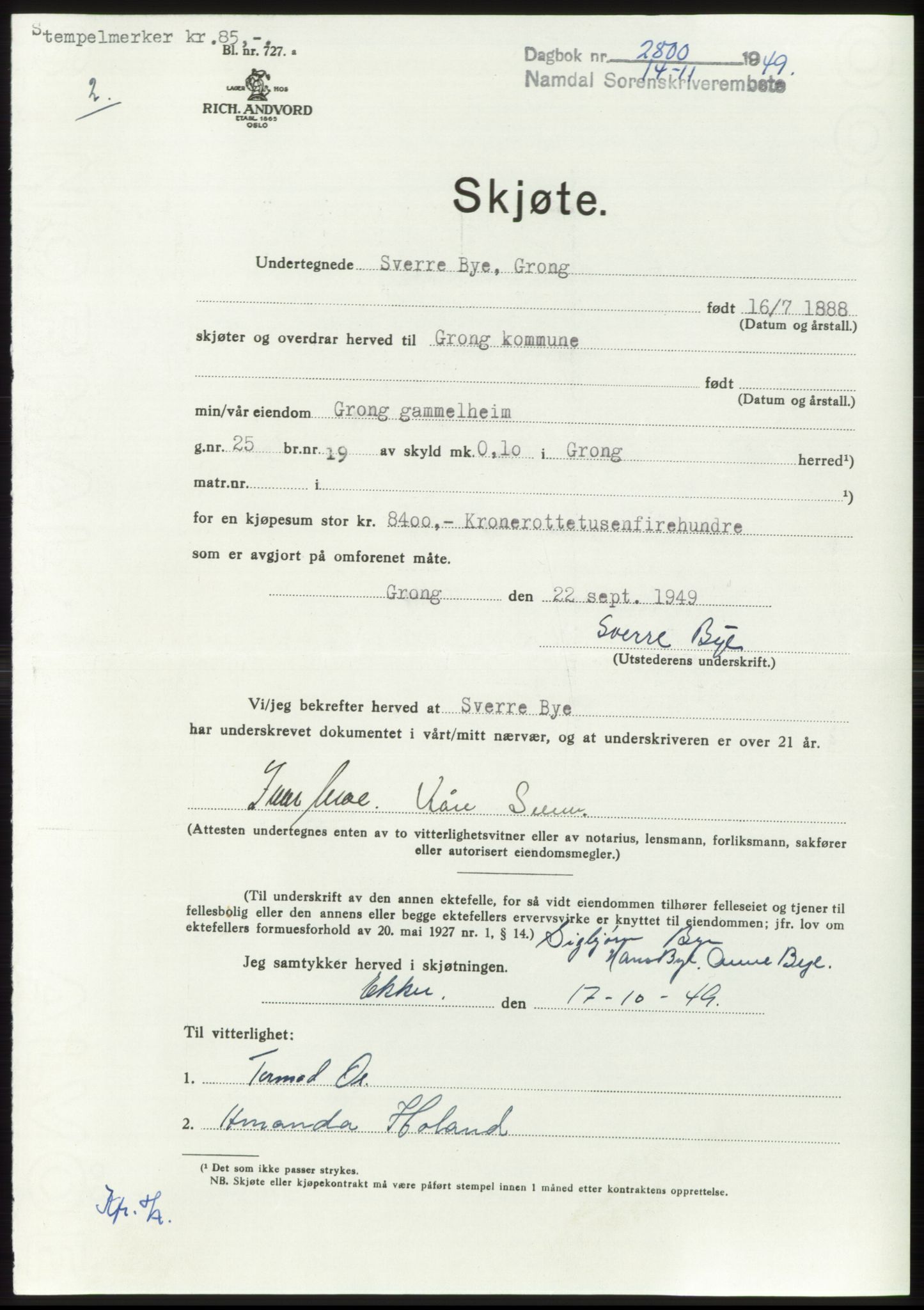 Namdal sorenskriveri, SAT/A-4133/1/2/2C: Pantebok nr. -, 1949-1949, Dagboknr: 2800/1949