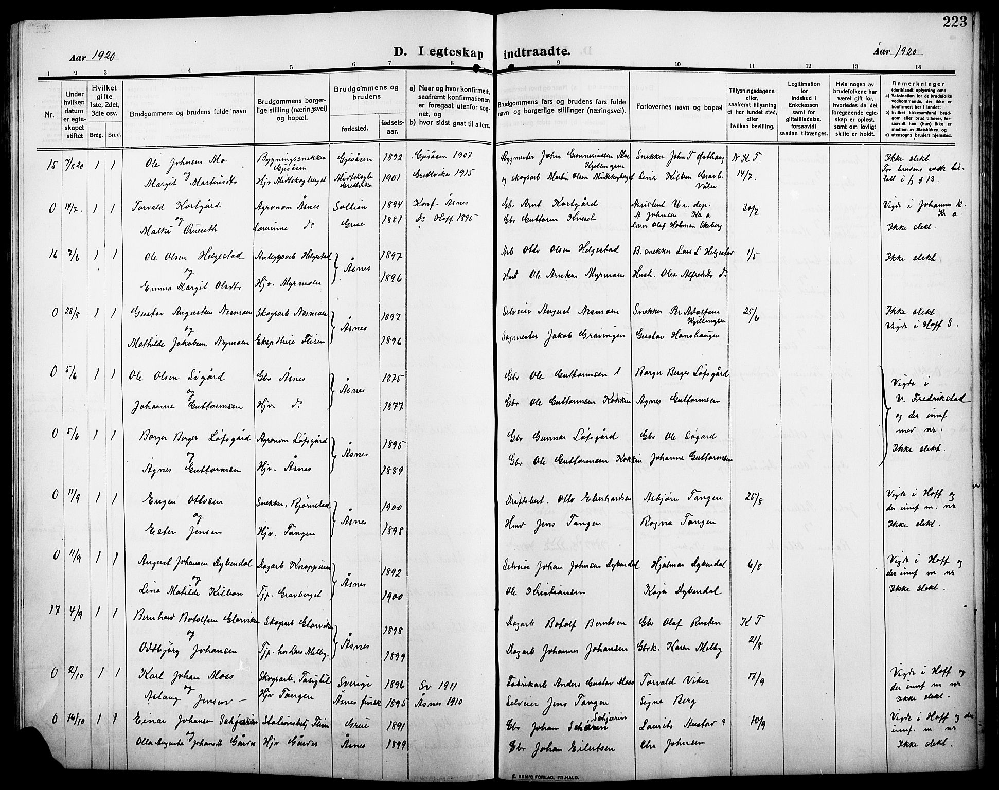 Åsnes prestekontor, SAH/PREST-042/H/Ha/Hab/L0007: Klokkerbok nr. 7, 1909-1926, s. 223