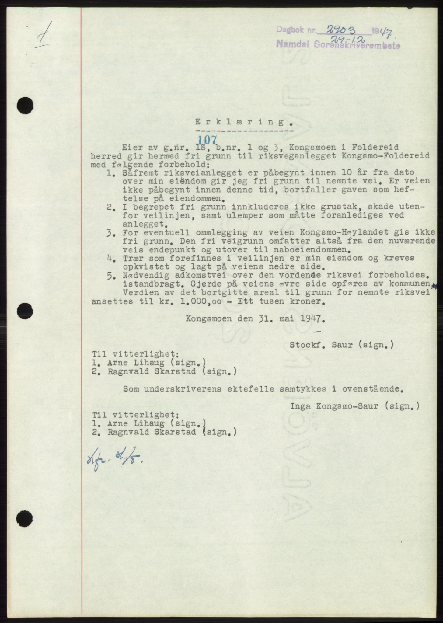 Namdal sorenskriveri, SAT/A-4133/1/2/2C: Pantebok nr. -, 1947-1948, Dagboknr: 2903/1947